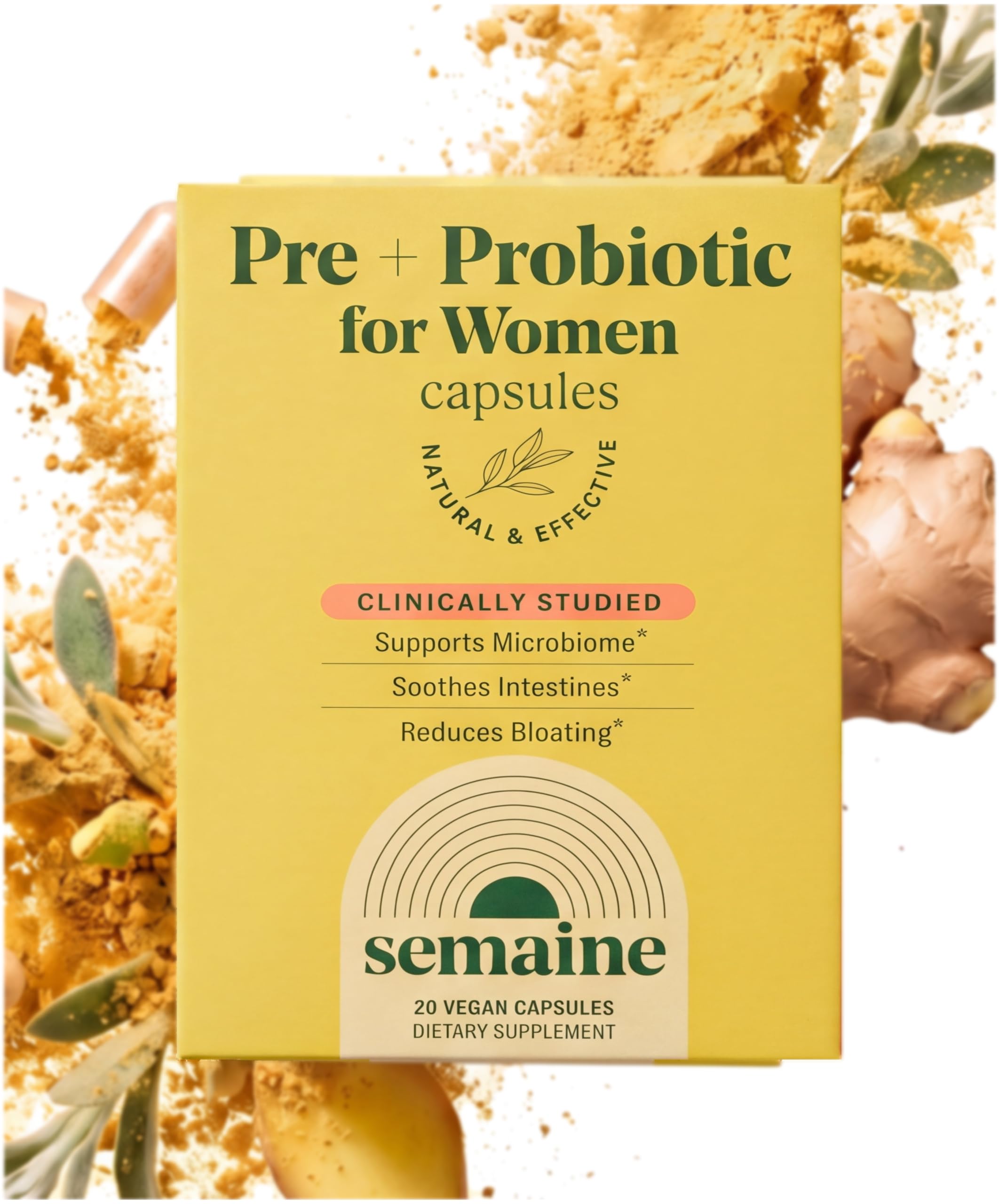 Semaine Health Prebiotics and Probiotics for Women - Women Probiotic + Prebiotic with Standardized Ginger, Psyllium Husk & Acacia Gum, 4 Billion CFU Lactobacillus, 20 Vegetable Capsules (Blister) 20 Count Pack of 1