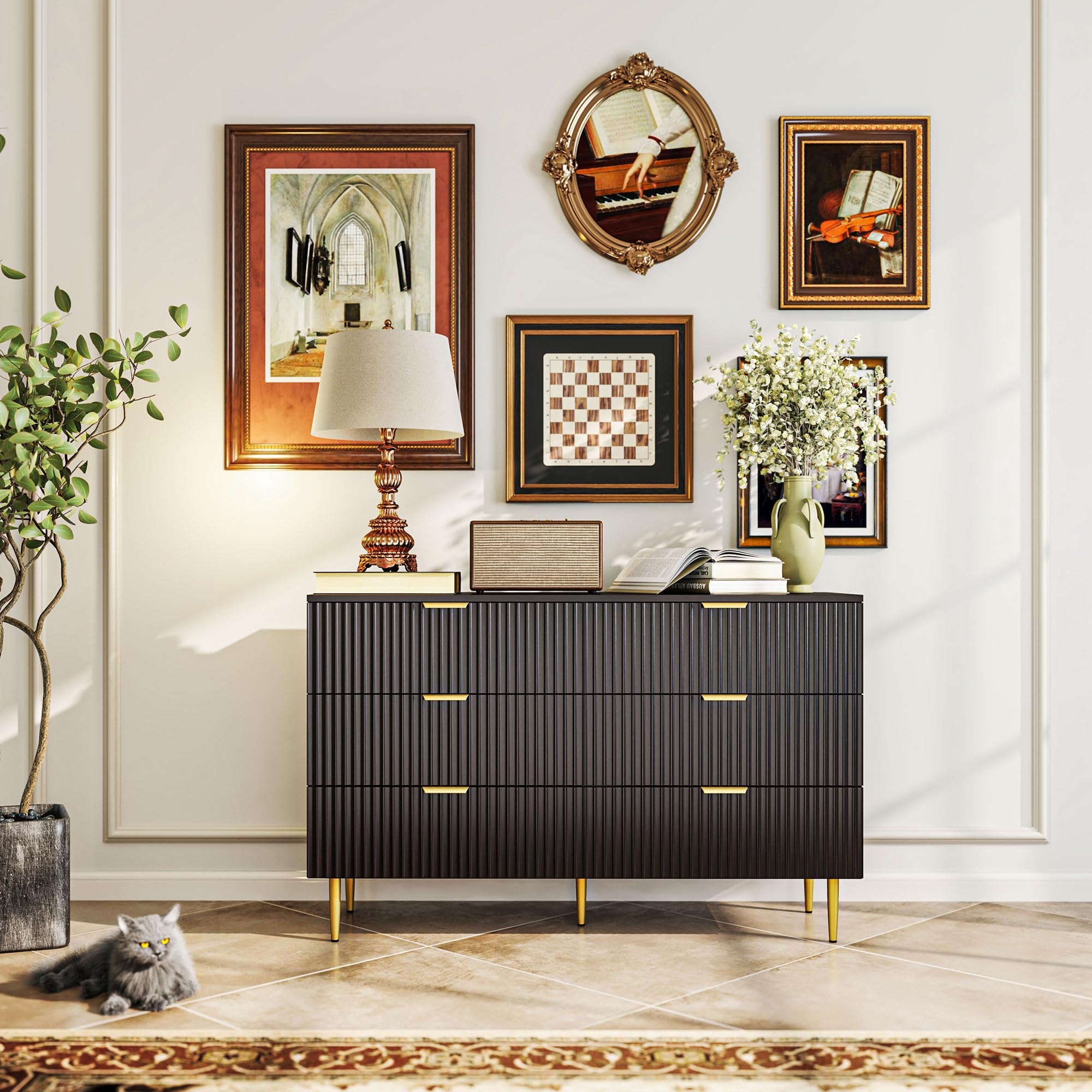 HOMCOM Commode 6 tiroirs Commode Chambre Meuble de Rangement Moderne avec poignées et Pieds dorés, pour Chambre à Coucher, Salon, dim. 120 x 40 x 76,5 cm, Noir