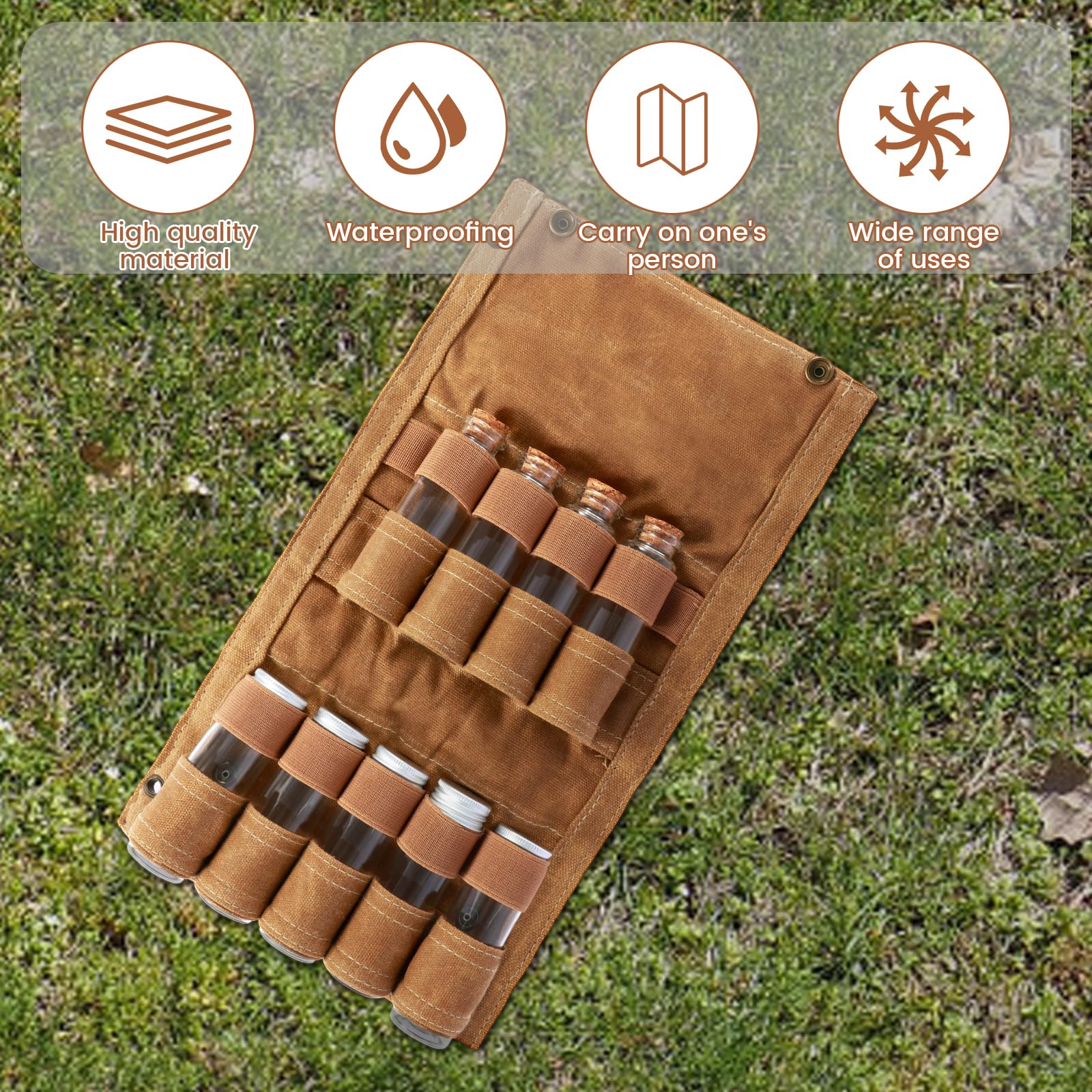 Foribyw Portable Spice Bag with 9 Spice Jars Canvas Seasoning Bottle Holder with Thread Hole Travel Condiment Container Camping Spice Kit for Outdoor BBQ Picnic - Image 6