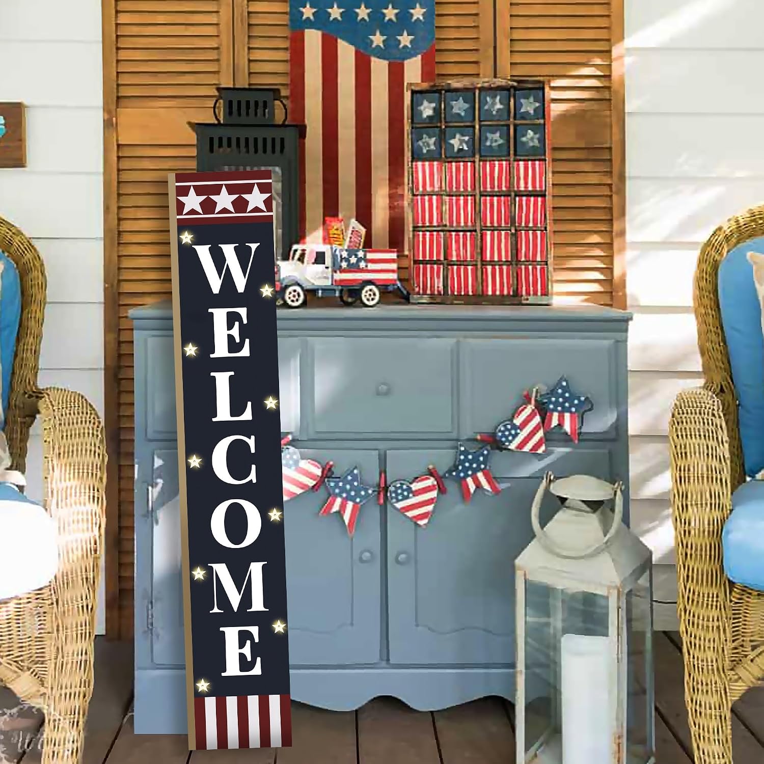 Lighted Independence Day Porch Sign for Front Porch Standing, Welcome Wooden Sign for 4th of July Party Decor Front Door Decoration Farmhouse Patriotic Hanging Wall Sign for Memorial Day Party Decor 47.2 IN