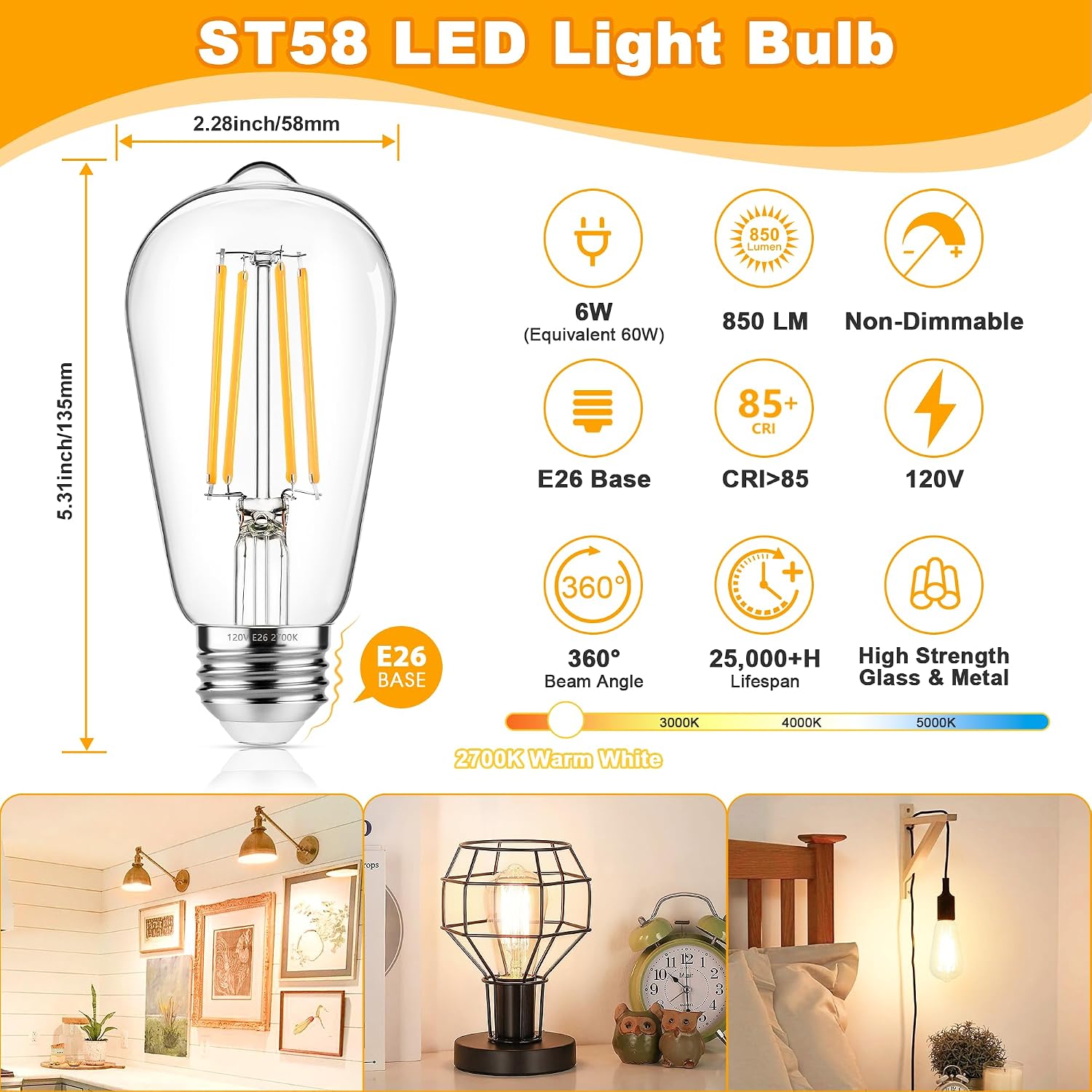 ASOMST 4-Pack Vintage Edison Bulbs 60W Equivalent, 850LM 6W LED Light Bulb Warm White 2700K, ST58 Filament Lighting E26 Base, Non-Dimmable
