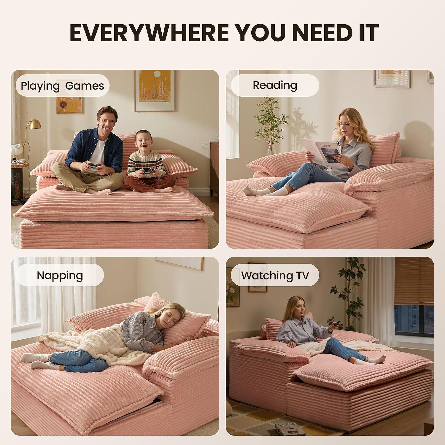 Chaise Lounge Chair Indoor, Oversized Sleeping Couch 67"L *53"W Assembly Free Modern Minimalist Sofa With Comfy Curved Armrest, Extra Deep Large Single Sofa for Living Room(Pink Plush Fabric)