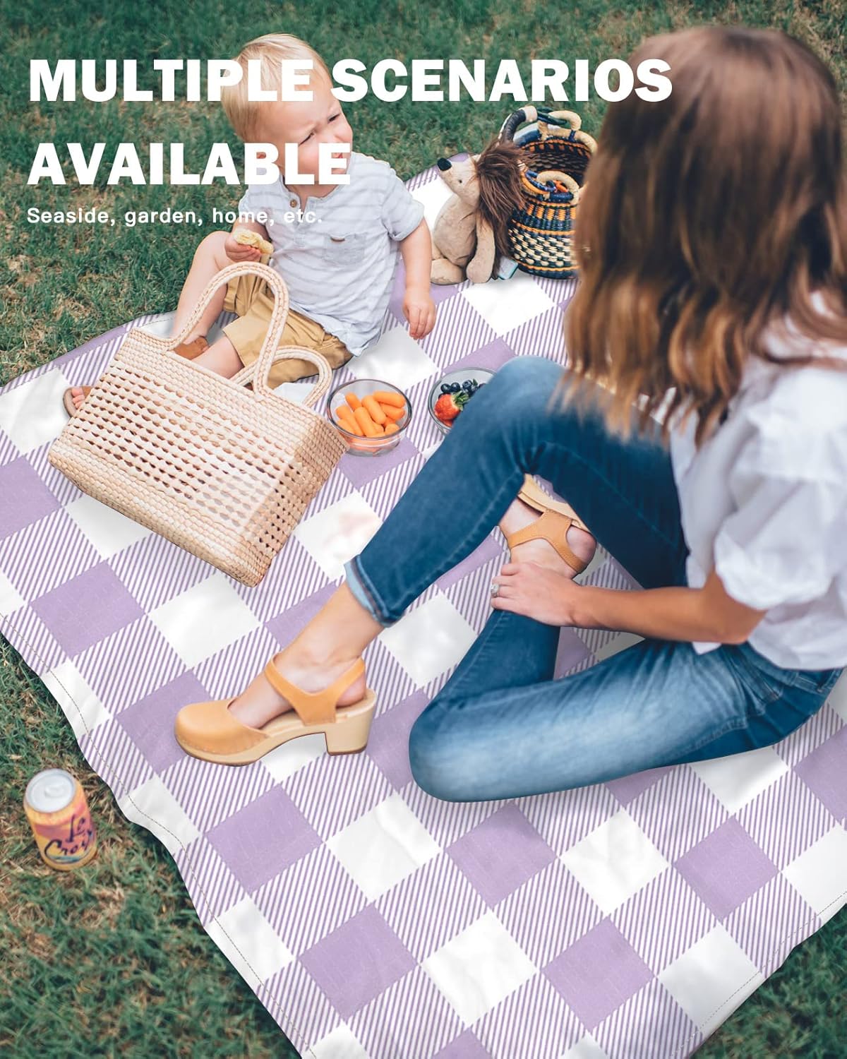 Farmhouse Light Purple White Buffalo Check Beach Blanket Waterproof Sandproof Outdoor Picnic Mat 108"x84" Tartan Gingham Lightweight Large Beaach Blankets with 4 Stake & 4 Corner Pockets