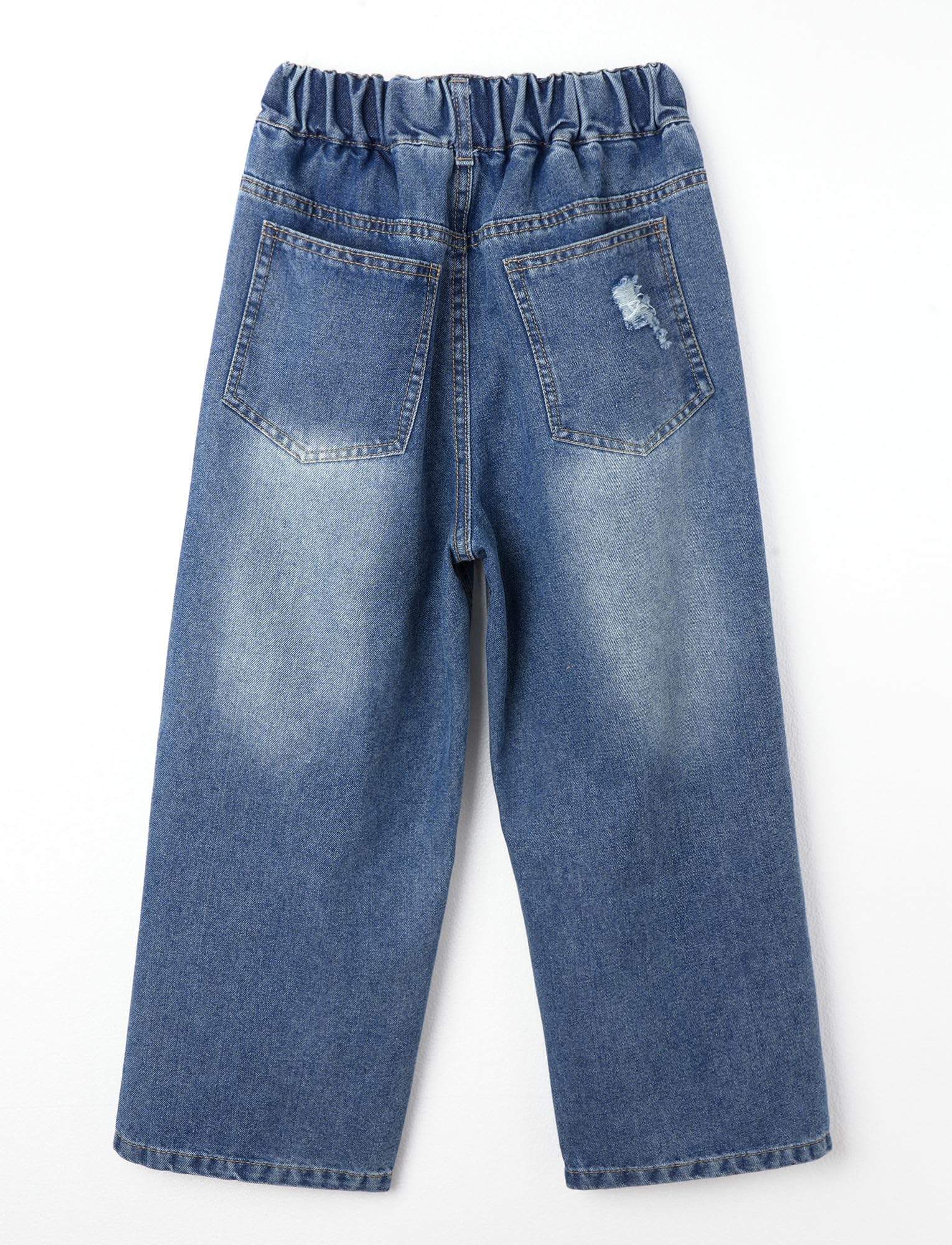 Maeau Jeans strappati a gamba larga per ragazze, pantaloni in denim sfumato, vestibilità larga, pantaloni per il tempo libero, con elastico in vita e tasche, 5-14 anni/altezza 120-170 cm