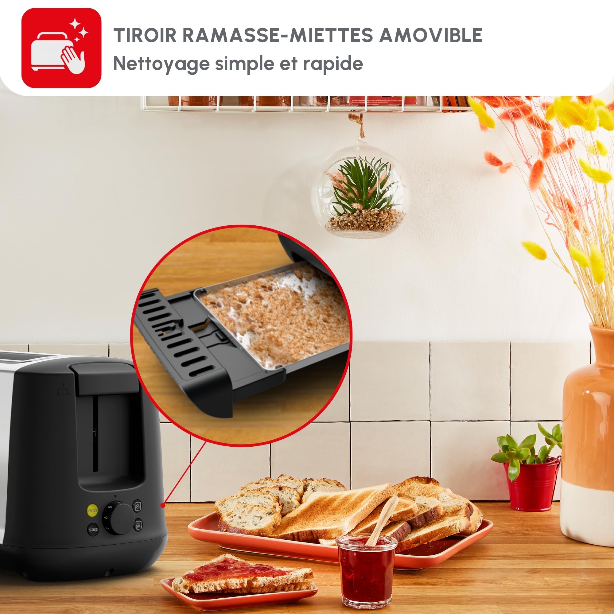 Moulinex Grille-pain 2 fentes longues, Largeur variable, 7 niveaux de dorage, Fonction Arrêt, Mode éco, Décongélation, Réchauffage, Tiroir ramasse-miettes, Subito Select Inox, LS342D10