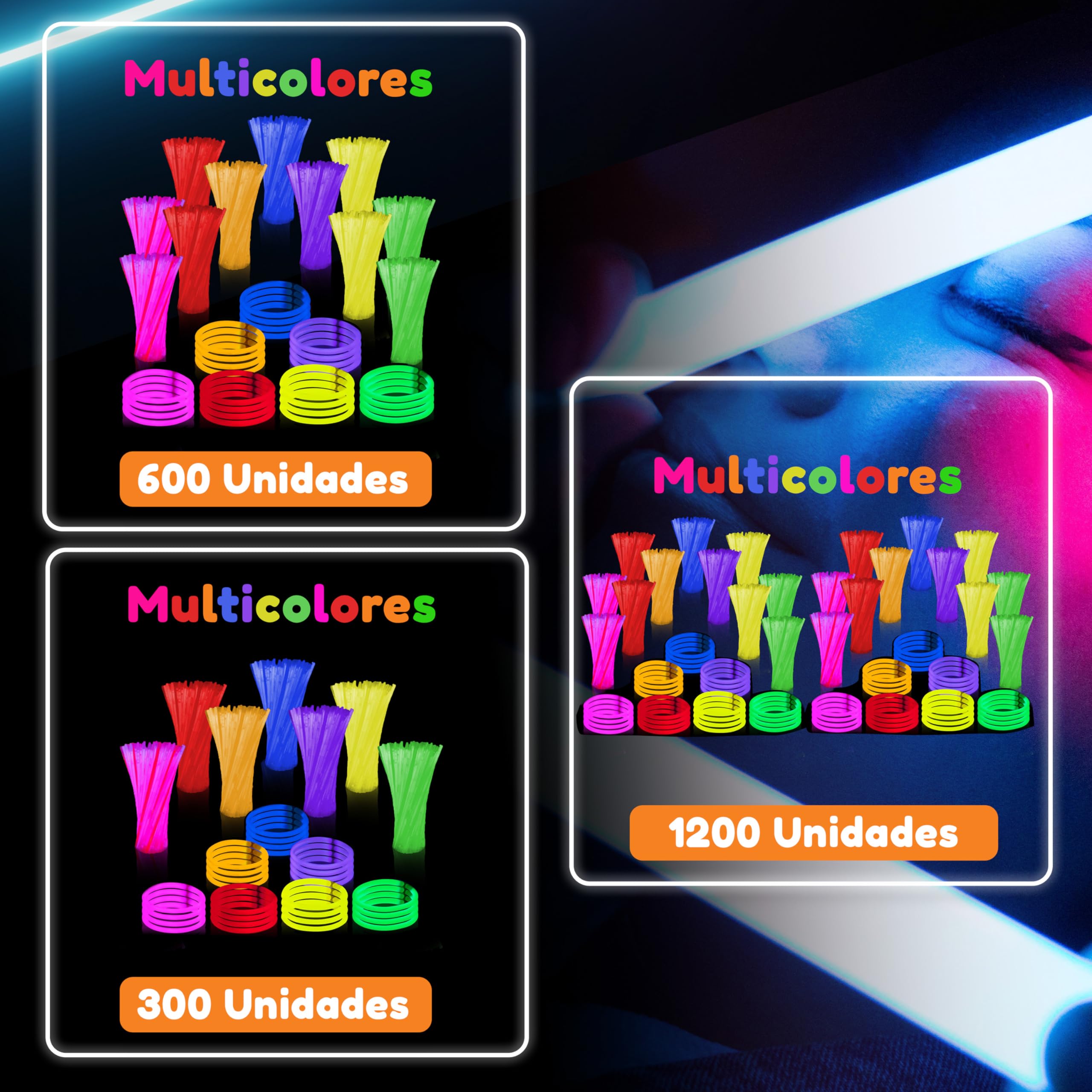 Glow Fever 8” (20.3cm) Barras Luminosas Fluorescentes - 1200 Uds Glow Sticks Bulk - Pulsera Luminosa Multicolor para Cumpleaños, Halloween y Boda - Accesorio de Fiesta