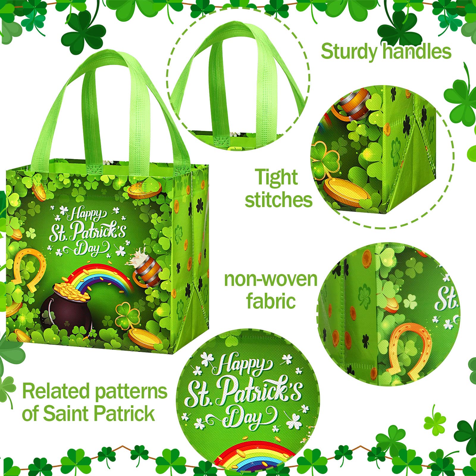 Wesnoy 48 Stück St. Patrick's Day Geschenktüten, 20x19x8 Cm | Wiederverwendbare Vlies-Taschen Mit Griffen Für Partygeschenke