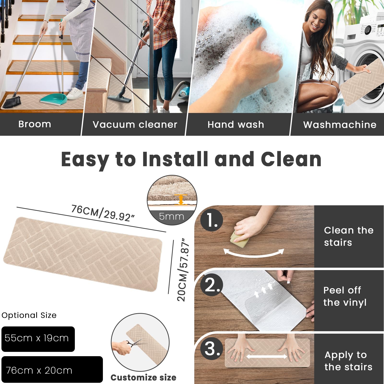 Alfombrillas para Escaleras Antideslizantes, 15 Alfombrillas Autoadhesivas Escalones Interiores, Reutilizables para Mascotas, Mayores, Niños (Estampado de Rombos, Beige, 76x20 cm)