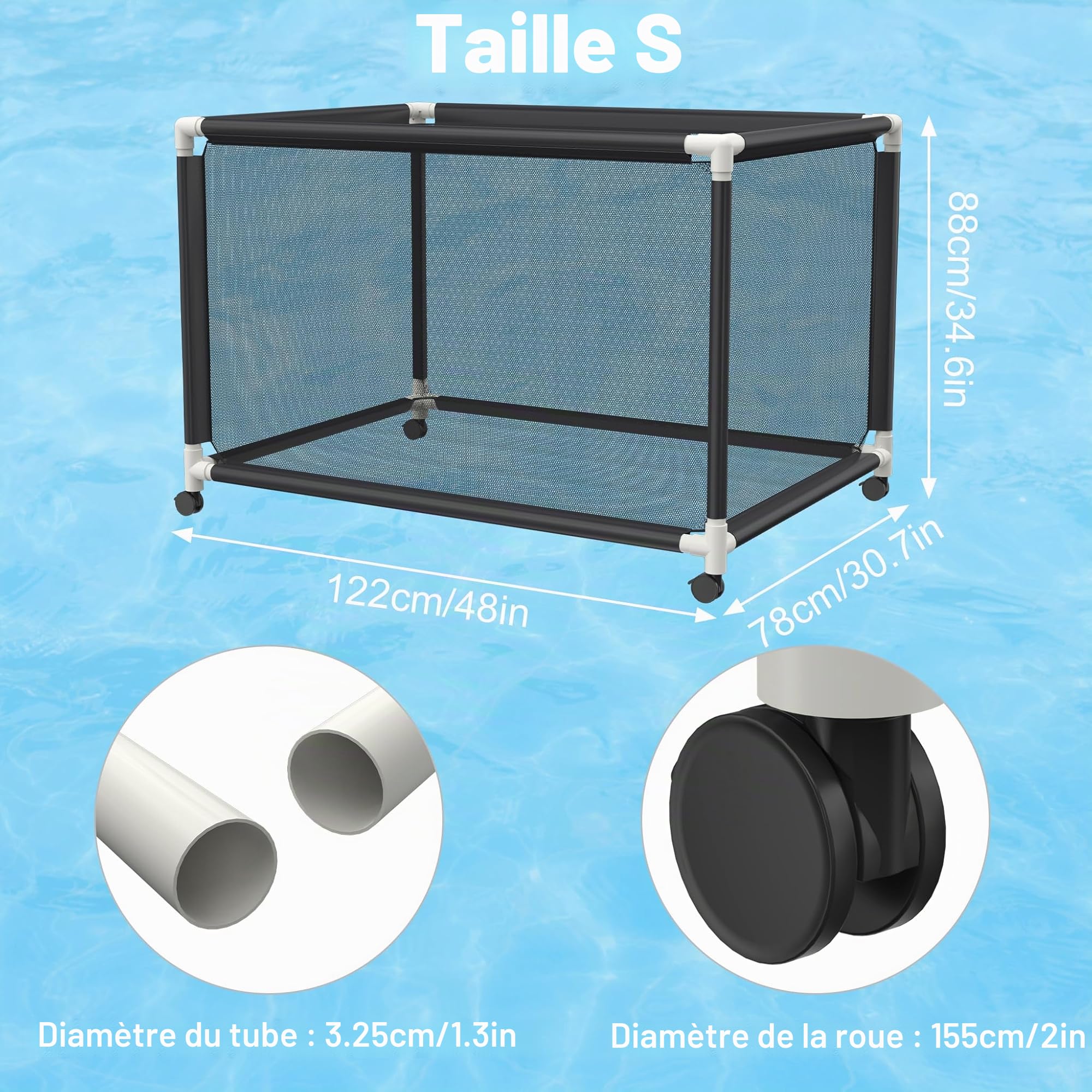 NAIZY Bac de rangement avec 4 roulettes, 122 x 78 x 88 cm, grand organiseur en tube PVC + maille respirante, porte-nouilles, chariot de rangement, pour organisateur de piscine, rangement de petites