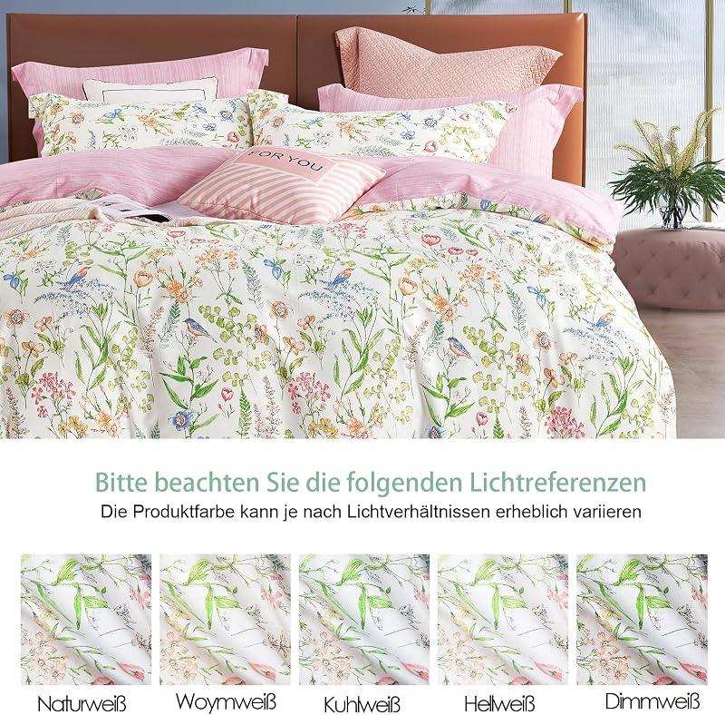 KEAYOO Virágmintás Pamut Ágynemű 135x200 cm Cipzárral - 80x80 cm Párnahuzattal - Zöld-Rózsaszín Nyári-Téli Hálószoba Garnitúra Hipoallergén