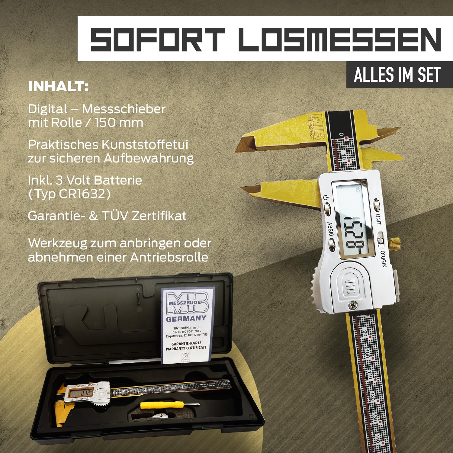 MIB Calibro digitale con sistema assoluto e rivestimento TiN DIN 862, 150 mm, misuratore di precisione, misurazione a 4 livelli, calibrazione, set di utensili digitali con batteria da 3 V e scatola di