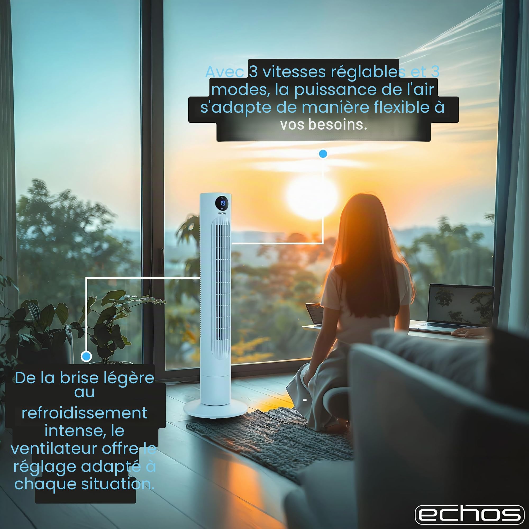 Echos Ventilateur tour très silencieux - Télécommande - Oscillant - Écran LED - 3 niveaux - Ventilateur colonne - Ventilateur sur pied - Refroidisseur d'air - Minuterie 12 h