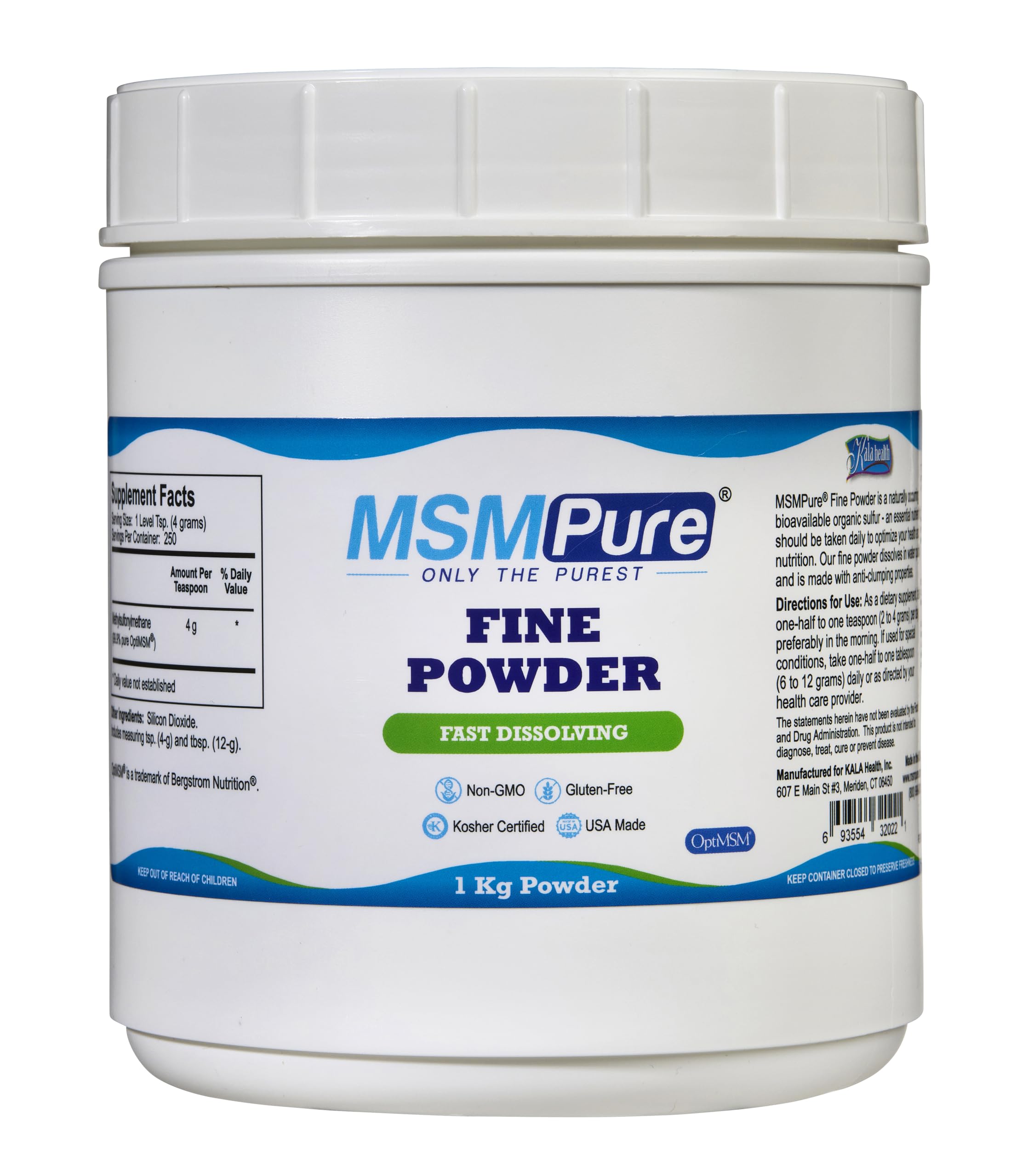 KALA HEALTH MSMPure Fast Dissolving Fine MSM Powder Crystals – US-Made MSM for Joint Health, Skin Appearance, and Hair & Nail Support – 2.2 lb, Organic Sulfur