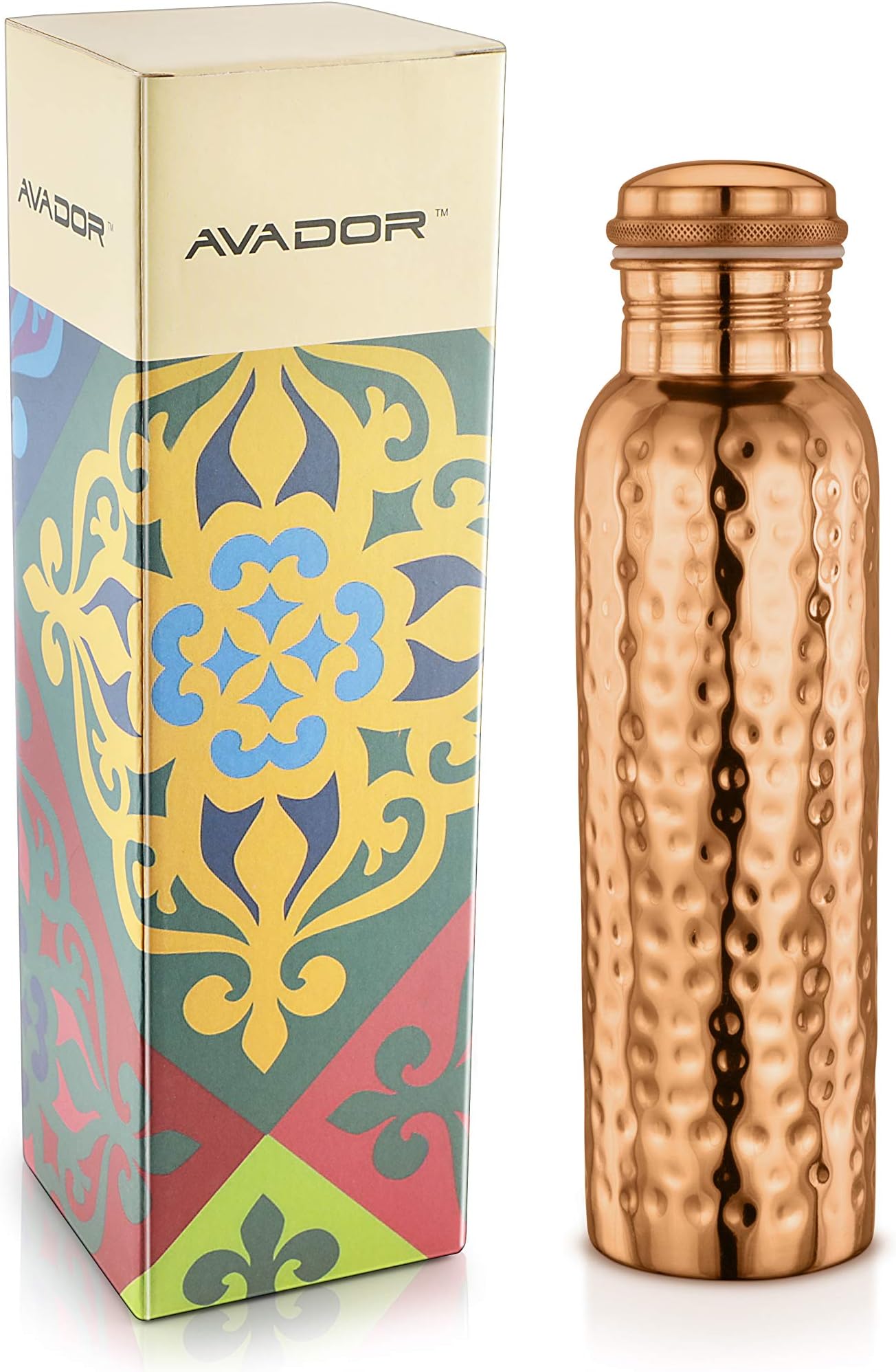 Avador Handcrafted 100% Pure Copper Water Bottle Vessel Hammered Finish 30 Oz. Leak Proof Gift Set Box Ayurveda Health Benefit