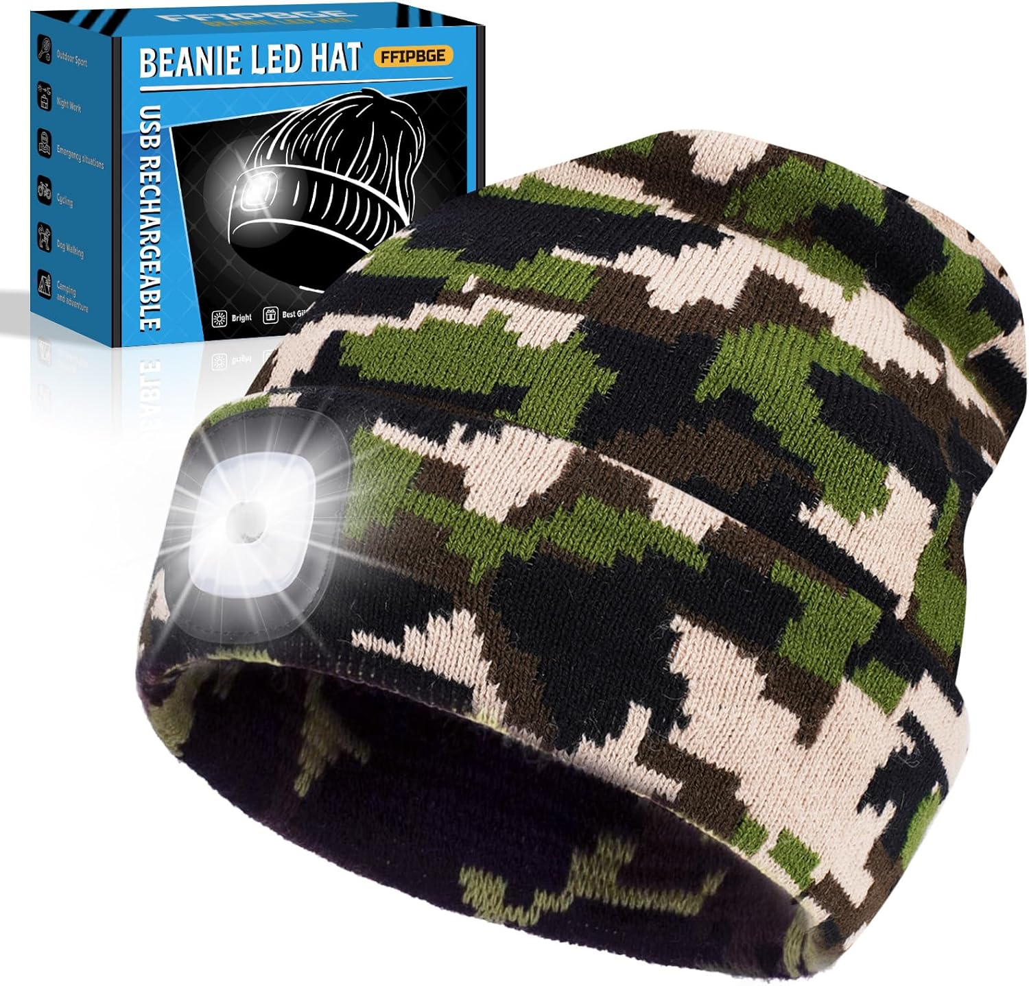 Valentines Day Gifts for Him, Beanie Hats with Light, USB Rechargeable LED Hand Free Headlamp, Birthday Gifts for Men, Women, and Teens, Ideal for Camping, Hiking, Camouflage