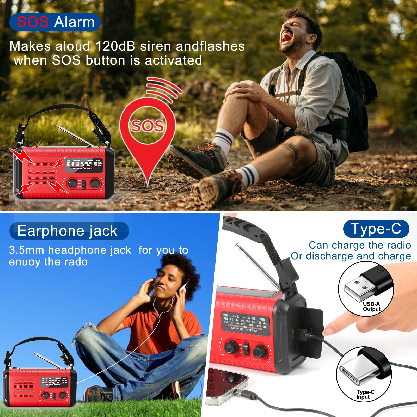 Radio météo d'urgence à manivelle, 20 000 mAh AM/FM/NOAA Radio solaire avec chargeur de téléphone, charge USB, lampe de lecture LED, prise casque, alarme SOS, boussole pour urgence (Scarlet)