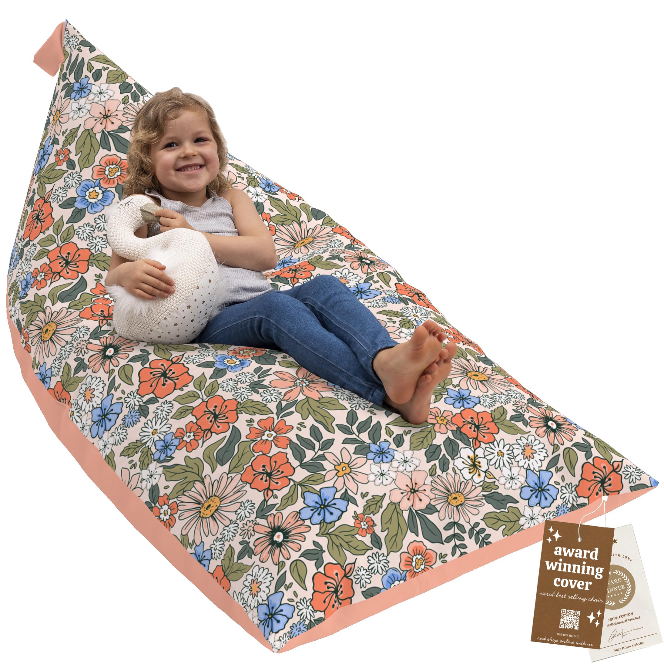 HUDDLE Original Cover for Stuffed Animal Bean Bag Storage (No Filler) XL Designer Beanbag Chairs for Kids & Adults | Instant Clutter Clear for Stylish Moms - 100% Cotton Canvas Chair Cover Boho Floral