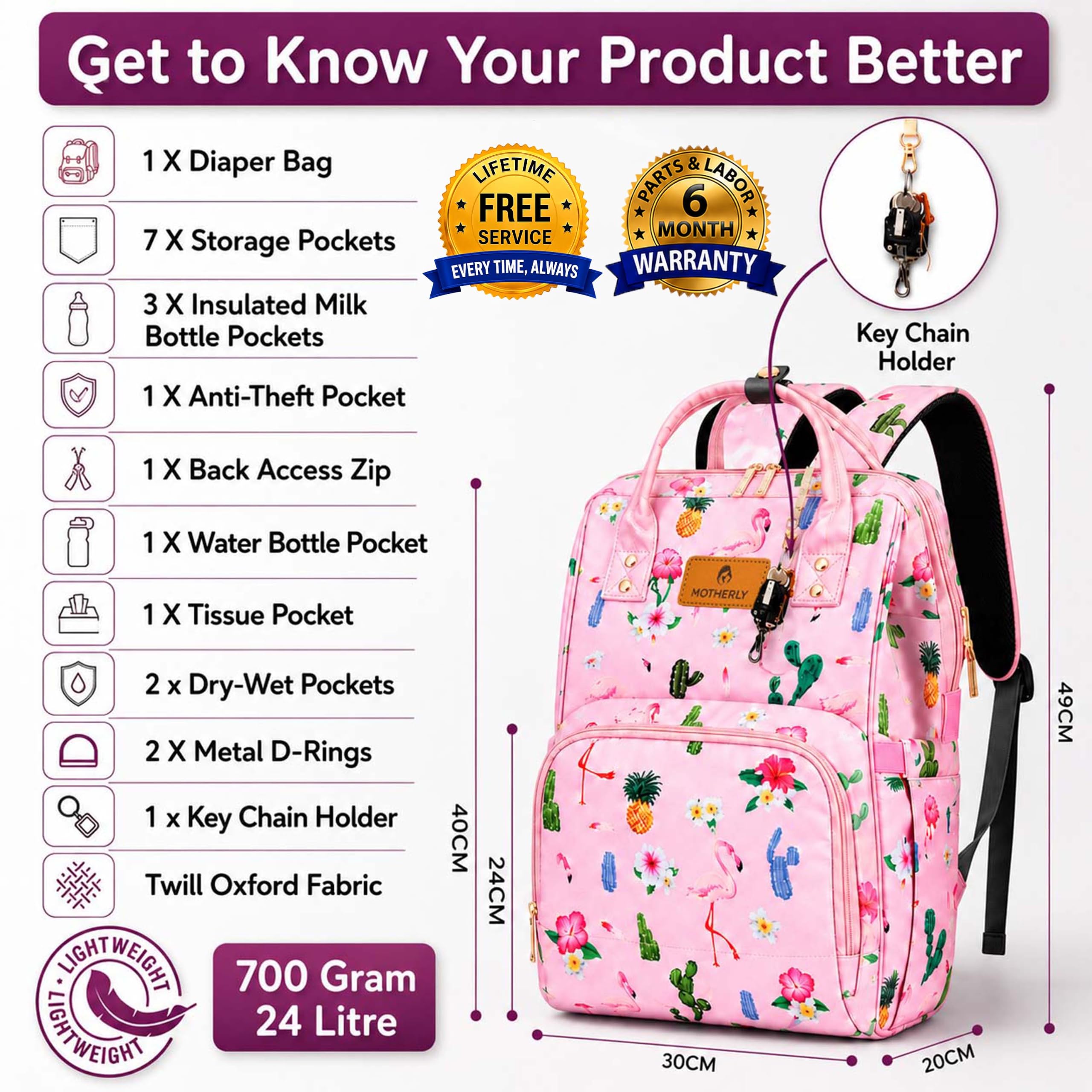 Motherly Floral Patented Diaper Bag for Mothers for Travel, Cactus Pink