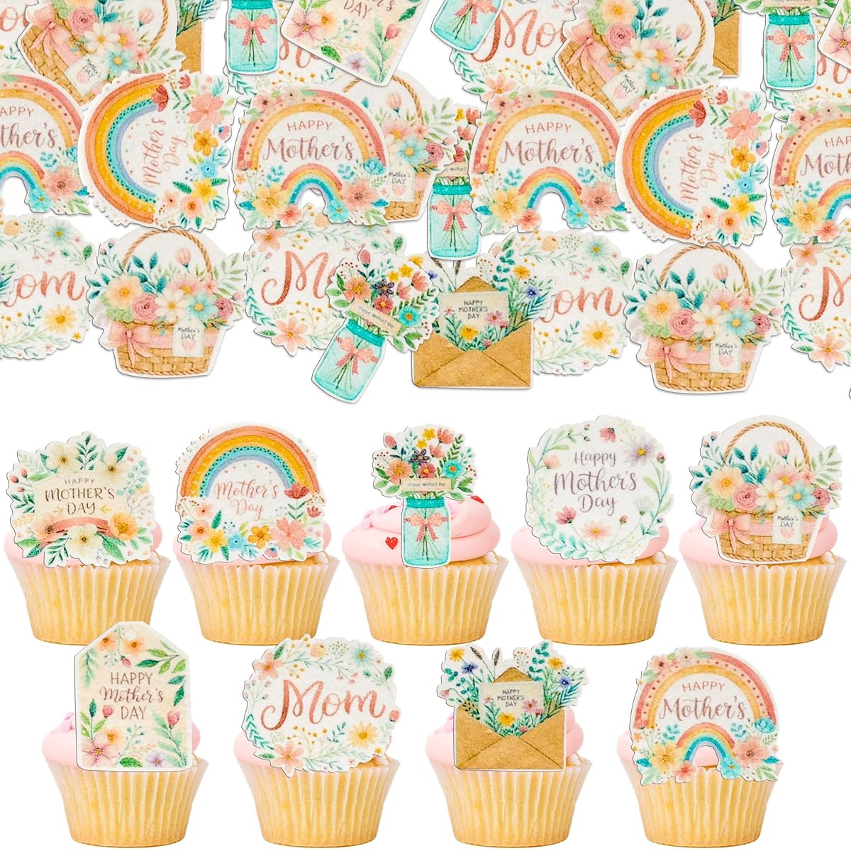 Ephlyn Cupcake Toppers 54 Pcs Edible Rainbow Flowers, Pink