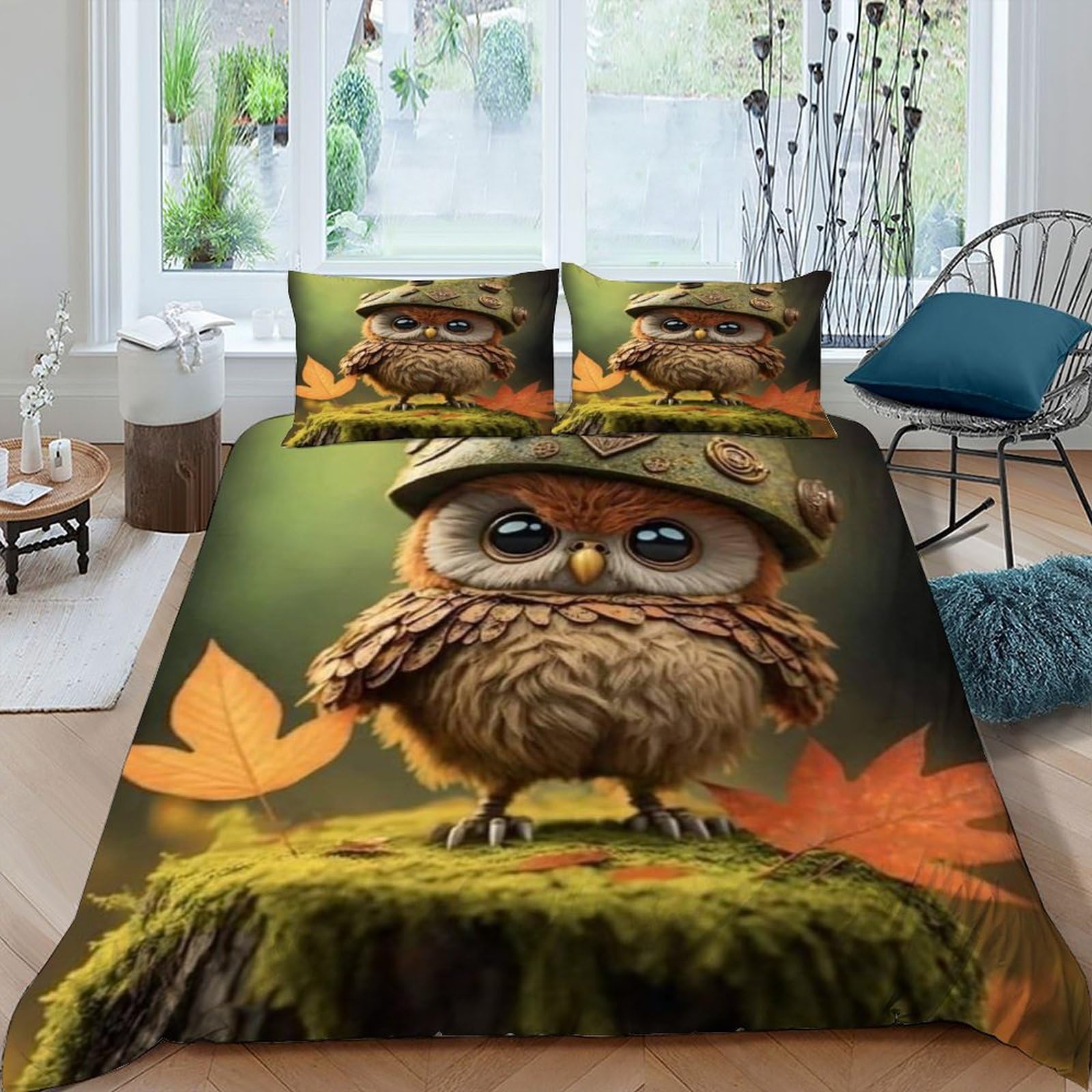 Housse de couette hibou 220x240cm finition premium linge de lit king size microfibre 3D