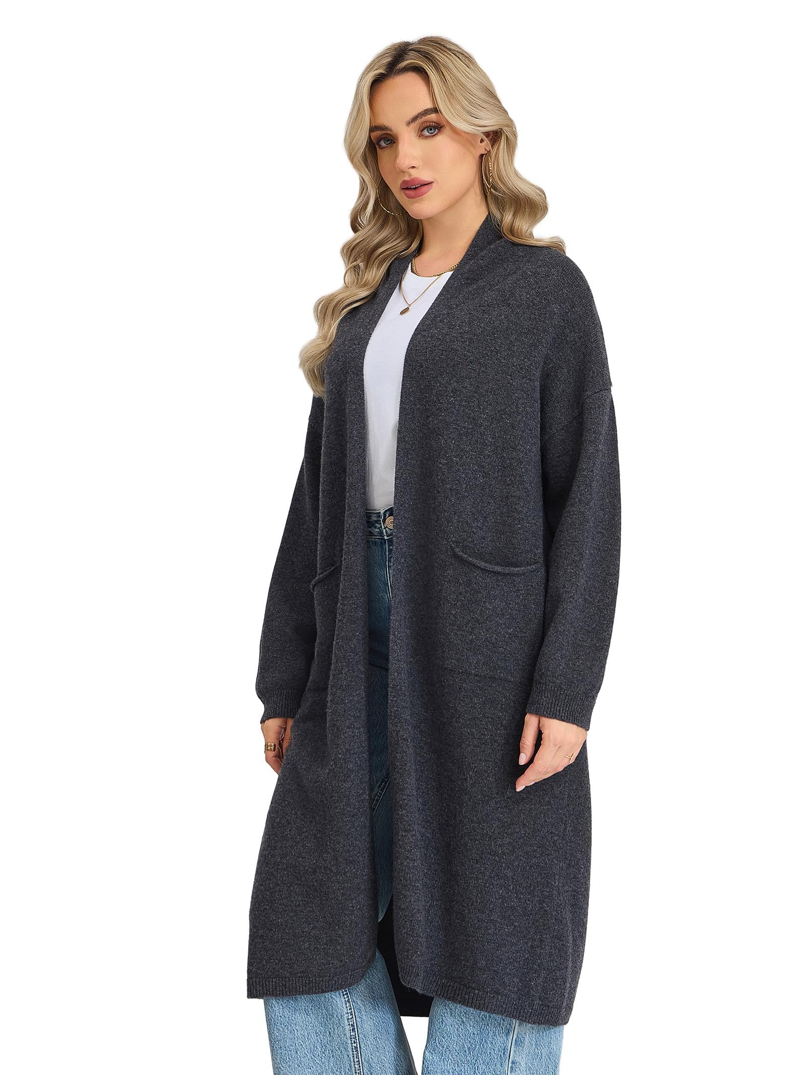 Damen 100% Merinowolle Lange Strickjacke Offenem Vorderteil