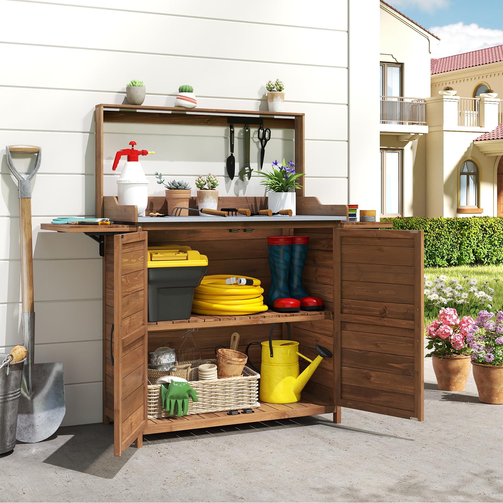 COSTWAY Mesa de Trabajo para Exteriores, Mesa de Jardinería de Madera con Tablero Metálico, Armario, Estantes Laterales Plegables, Estante Ajustable, Banco de Trabajo para Jardinería y Plantación