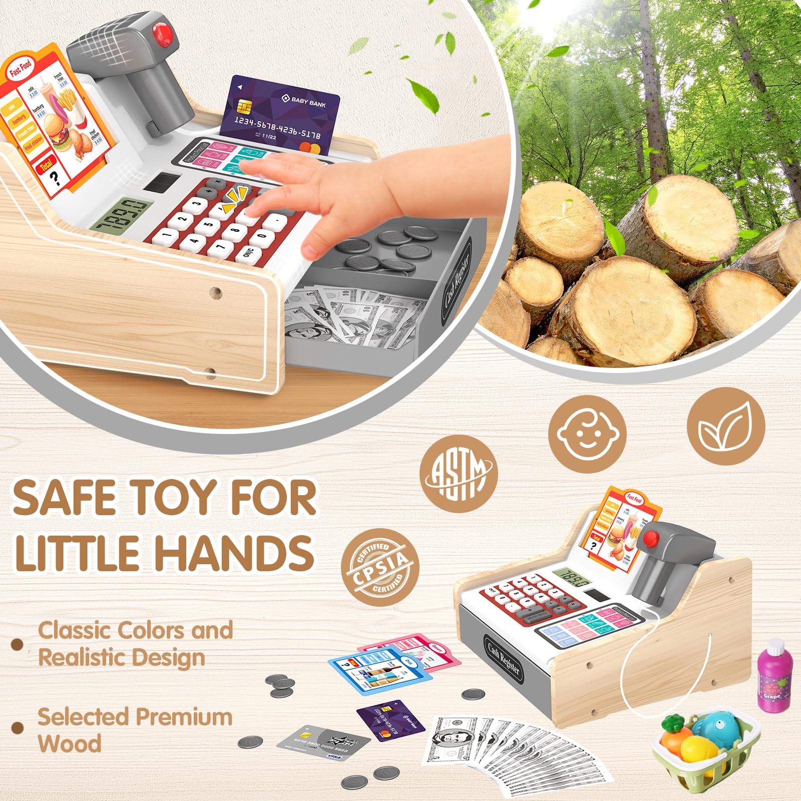 2026 Kasse Kinder Spielzeug aus Holz mit Scanner Rechnerfunktion, Elektronische Spielzeug Kaufladen Zubehör für Kinder, Kinderkasse Kaufladen Rollenspiel Geschenk für Jungen Mädchen ab 3 4 5 6 Jahren