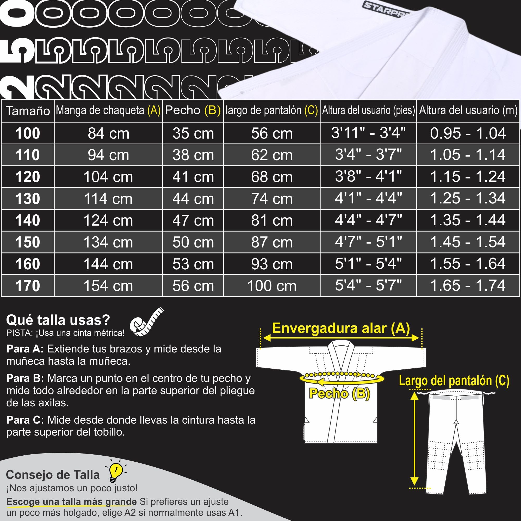 Starpro Judogi 250 Gramos - Algodón de Primera Calidad - Blanco - Judogi Profesional para Entrenamiento y competición - Hombres Mujeres y Niños - 100-170 cm - Incluye cinturón Blanco Gratis