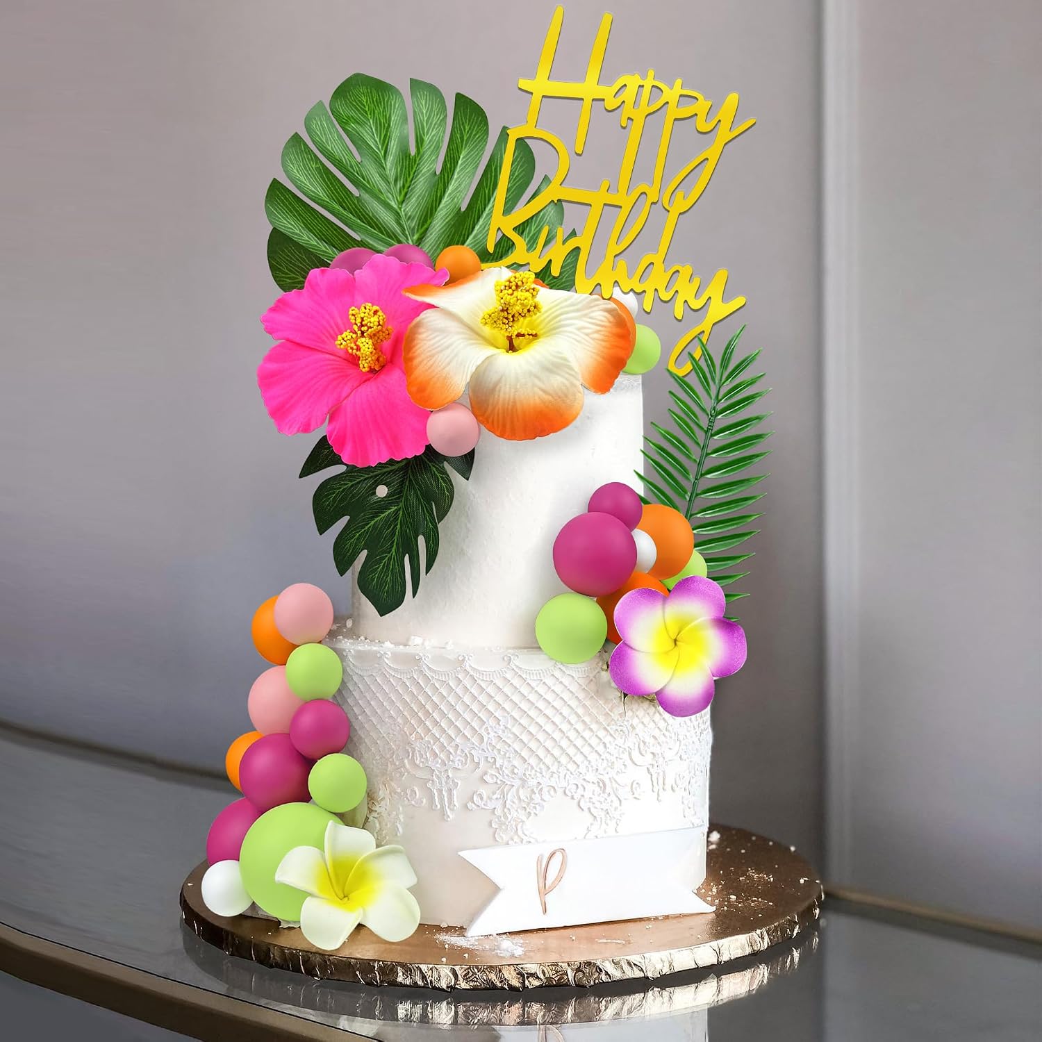 36pcs Hawaiian Flower Cake Topper with Palm Leaves and Summer Flowers Suitable for Summer Themed Birthday Cake Decoration (Rose Orange)