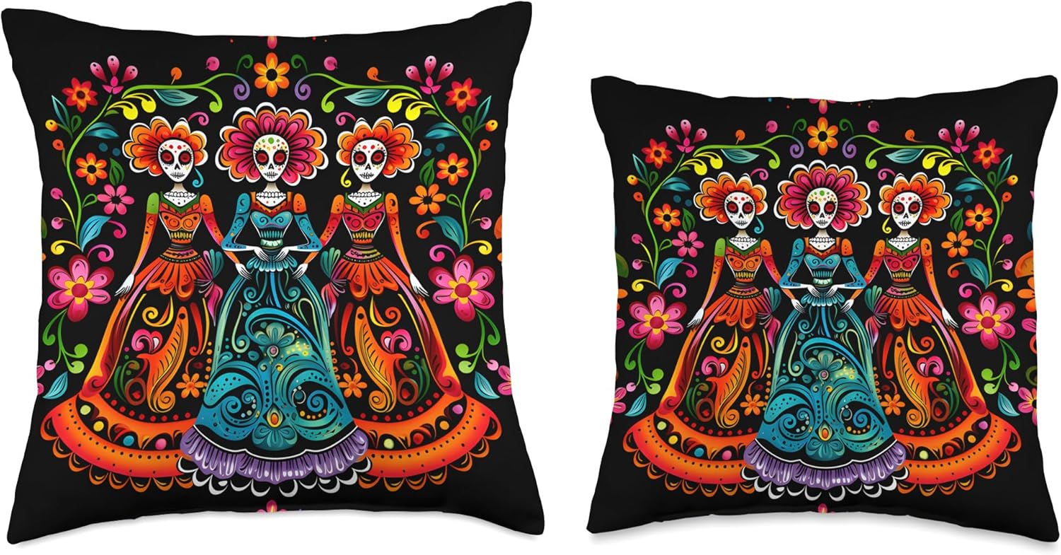 Day of The Dead Sugar Skull Three Women Mexican Festival Throw Pillow