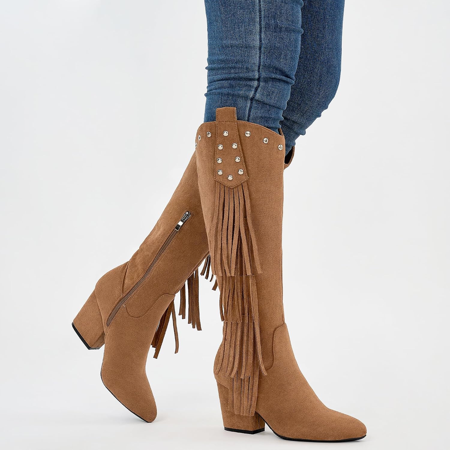 Knee High Boots Women Winter Fashion Chunky Heels with Side Zipper Pointed Toe Pull On Suede Fringe Boots