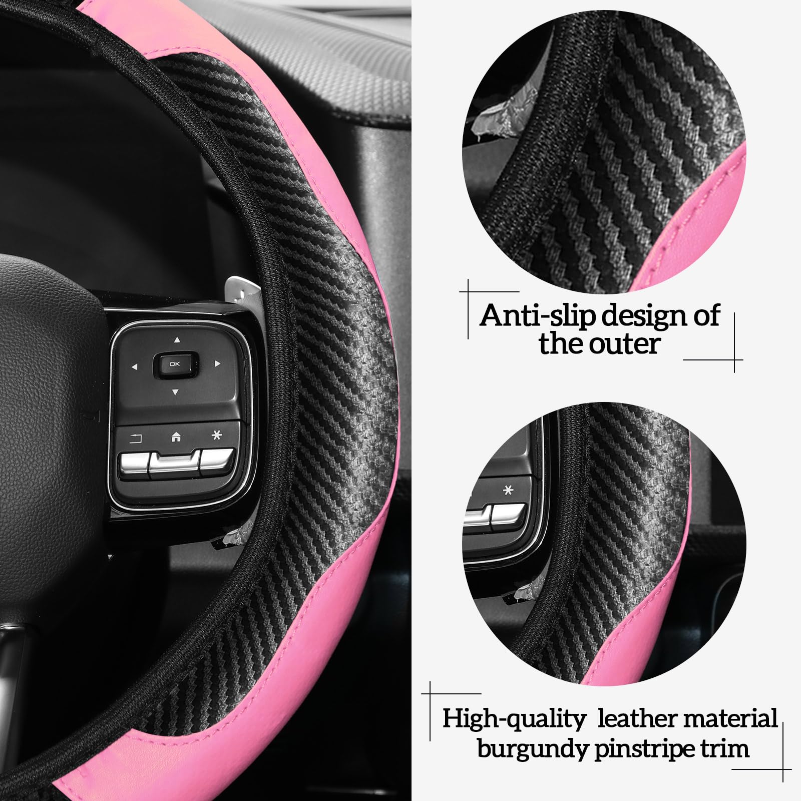 Riakrum 30 Pcs Car Accessories Set Pink and Black PU Leather Steering Wheel Cover Auto Interior Accessories Gift Car Vent Trim Strips Air Conditioner Insert Strips with Installation Tool