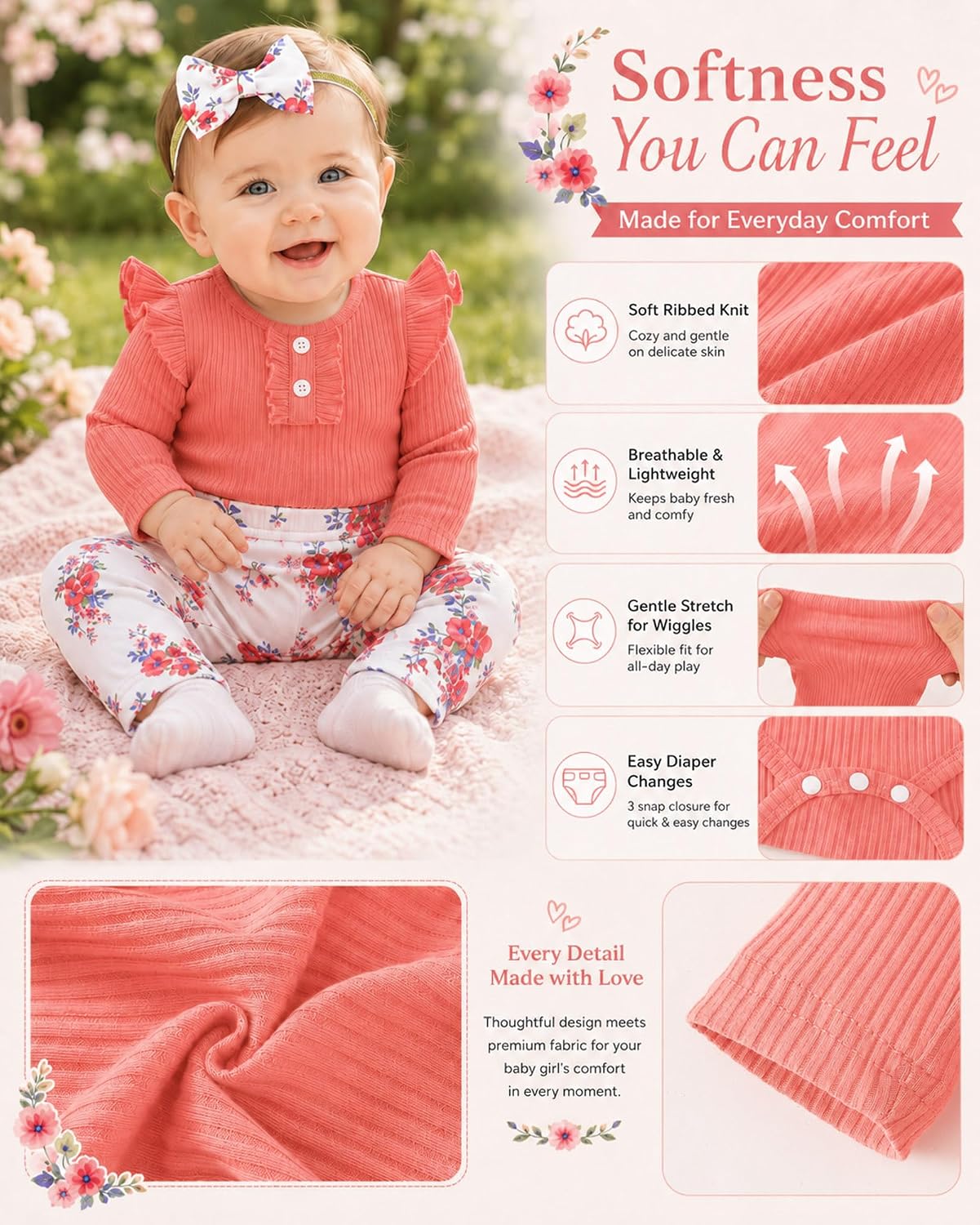 Baby Girl Clothes Newborn Infant Outfits Ribbed Romper Bodysuit Floral Pants 3PC 0 3 6 9 12 18 Months image 5