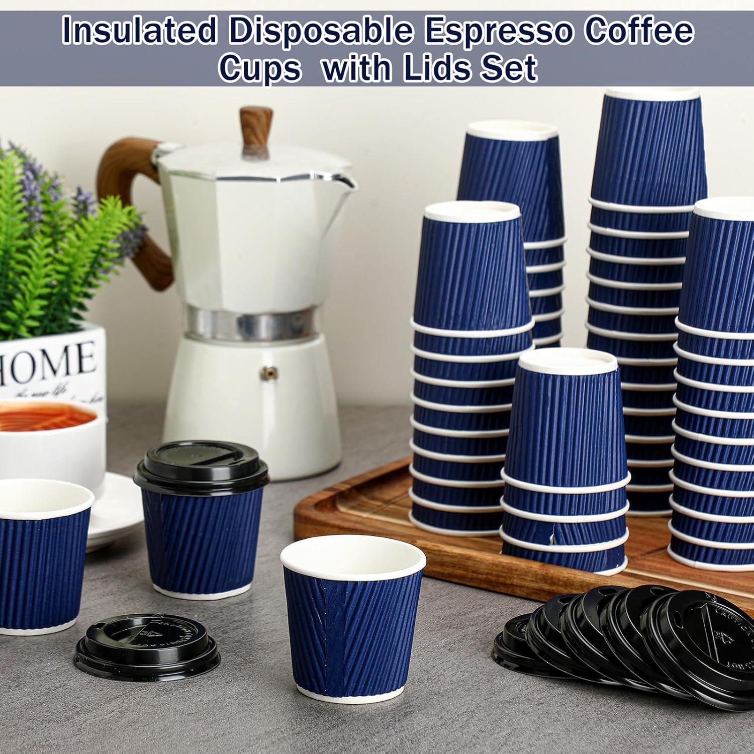 Uiifan 100 Set 4oz Disposable Espresso Cups with Lids Ripple Corrugated Paper Disposable Coffee Insulated Hot Ripple Cups for hot Chocolate, Tea, and Cocoa Drinks(Blue) - Image 3