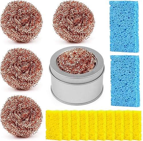 BEEYUIHF Kit de limpieza de punta de soldador 5 bolas de alambre de limpieza de punta de soldadura con soporte esponja de limpieza de soldadura