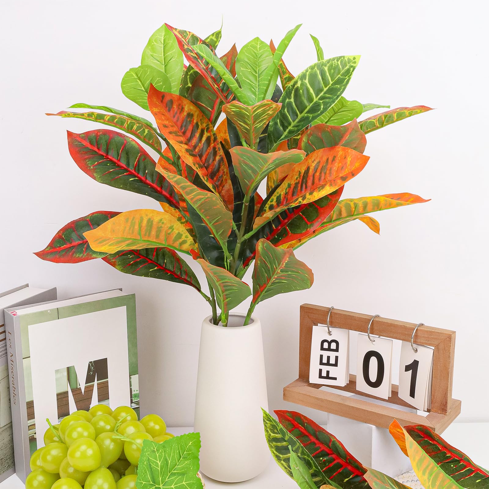 4 Pack künstliche Croton Pflanze Stiel 74 cm realistische Faux Greenery Zweig Lange lebendige Herbstfarben Blätter für Haus Vase Füller Weihnachten Kranz Kamin Dekor Hochzeit Mittelstücke