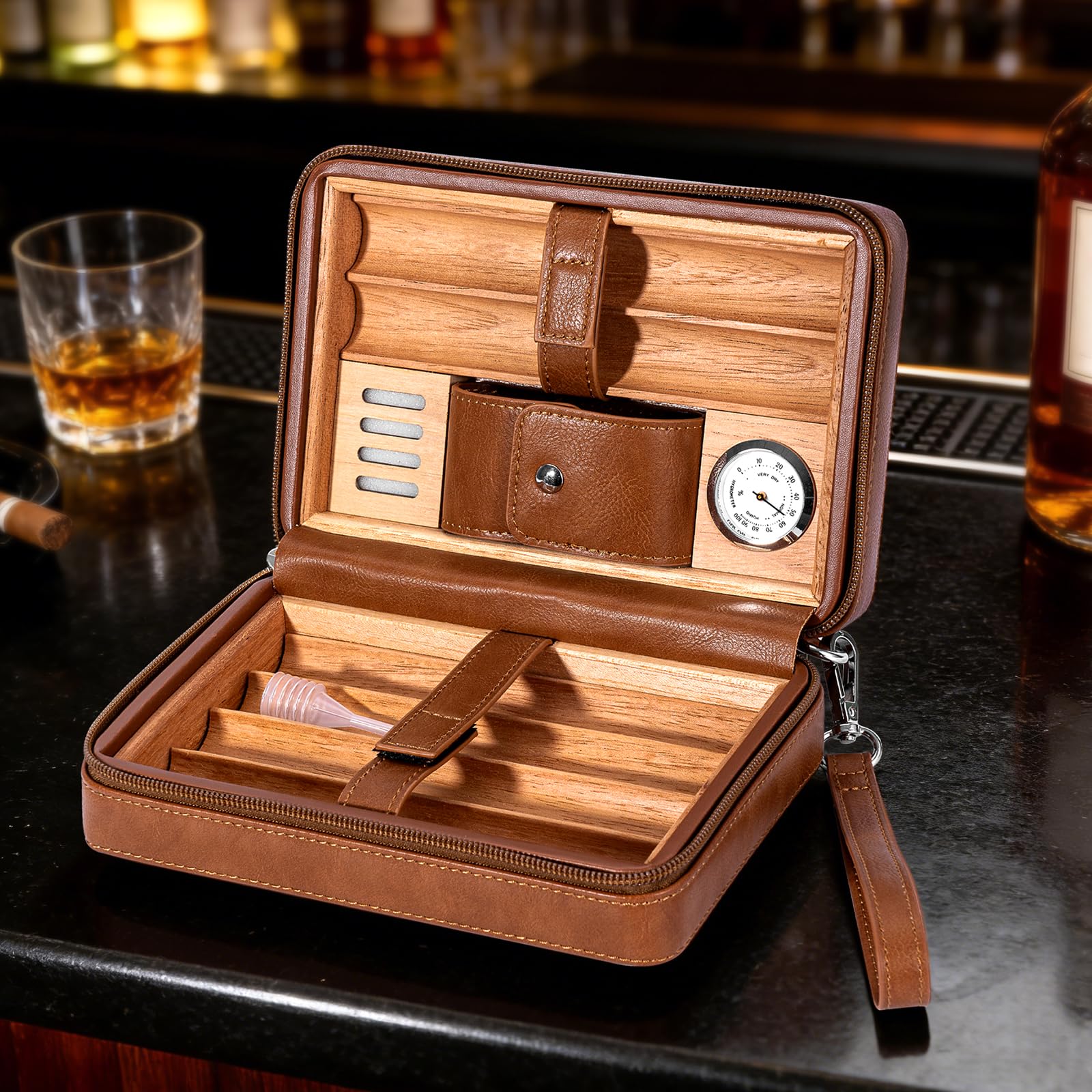 Étui en cuir de cèdre avec hygromètre, capacité : 6 pièces, outil rehausseur de dessin, cadeaux pour homme (marron)
