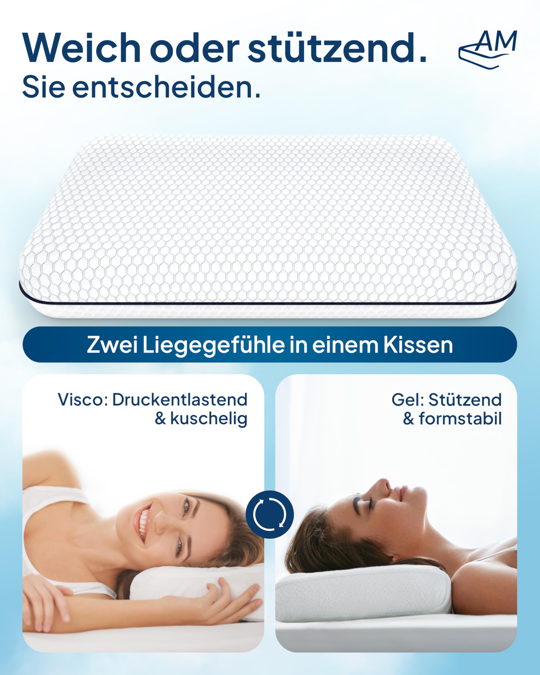 AM Qualitätsmatratzen Premium Nackenstützkissen höhenverstellbar mit Cooling Effekt & Tencel Bezug Made in Germany Oeko-TEX zertifiziert Gelschaum Viscoschaum