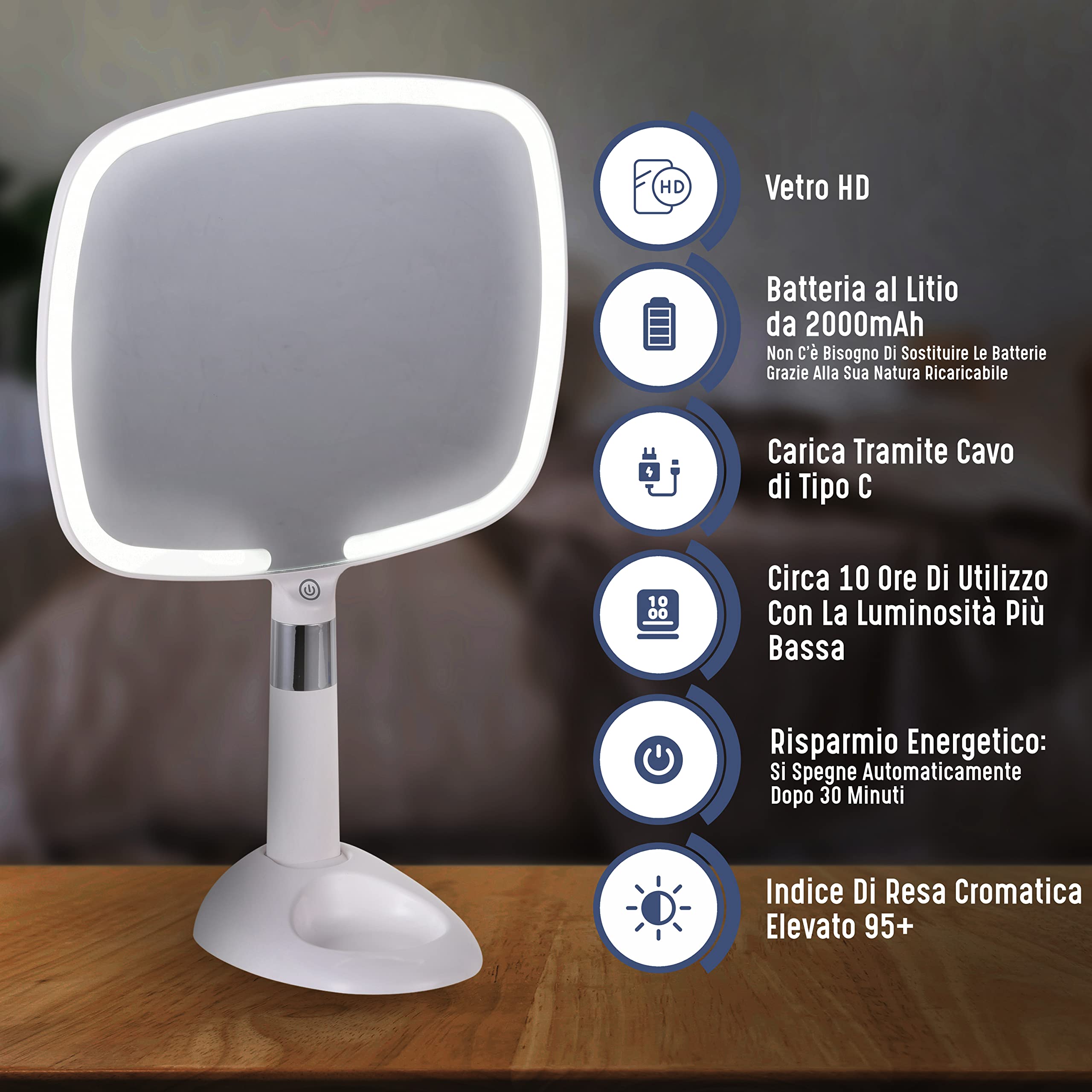 Mirrorvana Specchio a mano illuminato portatile con manico ergonomico - con base removibile e 3 modalità di luce - ideale per trucco e make up - 23 x 20 cm (bianco)