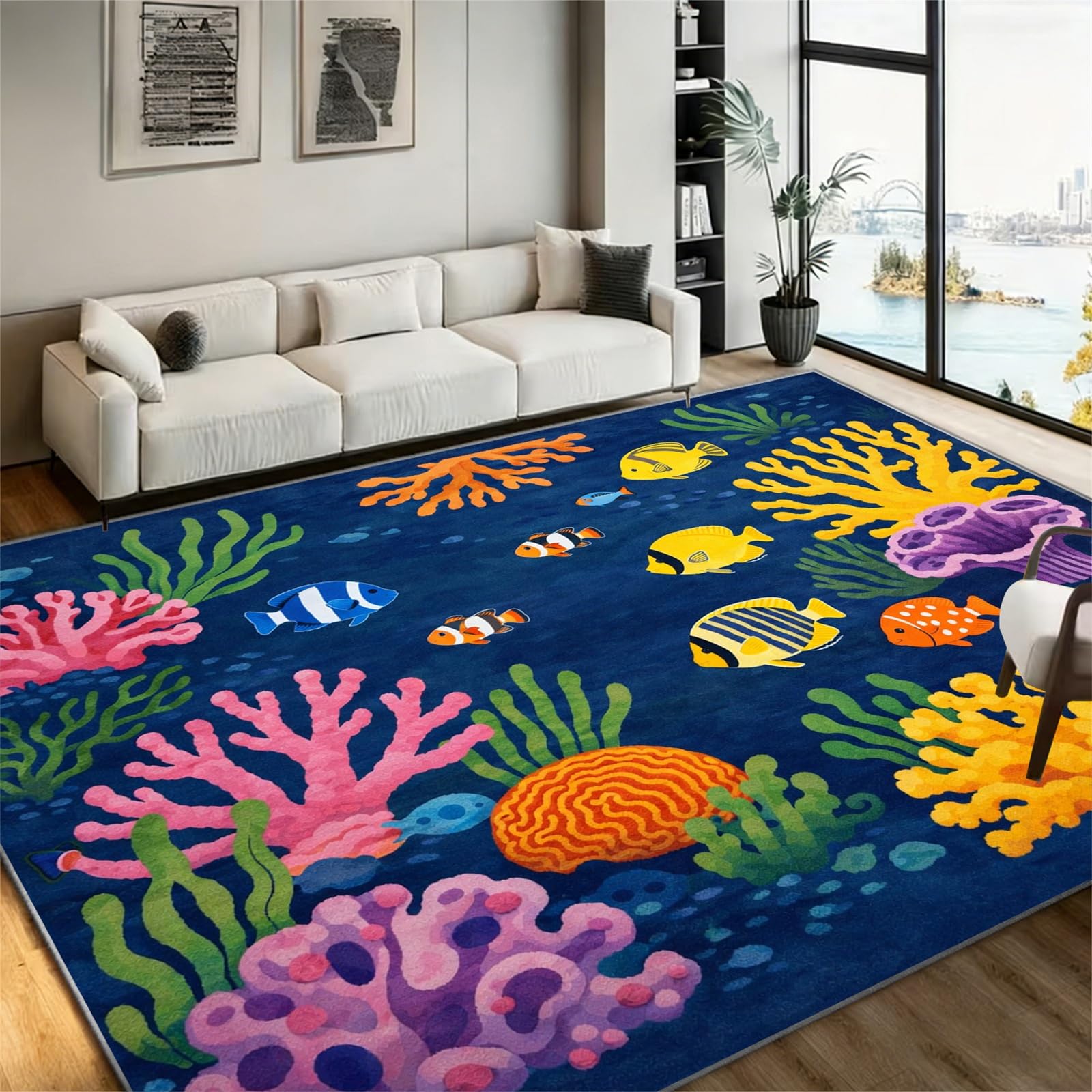 LHOMKCV Tropical Fish Playroom Rug 160x230cm, Vibrant Underwater Coral Reef Design, Machine Washable Non-Slip Large Carpet for Kids Bedroom Nursery, Navy Blue