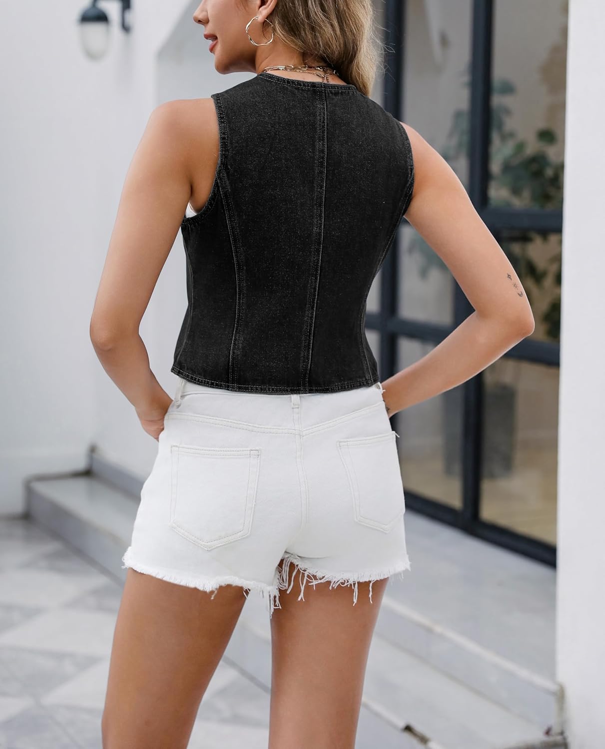 Ladyful Denim Vest Top for Women V Neck Jean Vest Waistcoat Button Down Sleeveless Crop Denim Top - Image 5