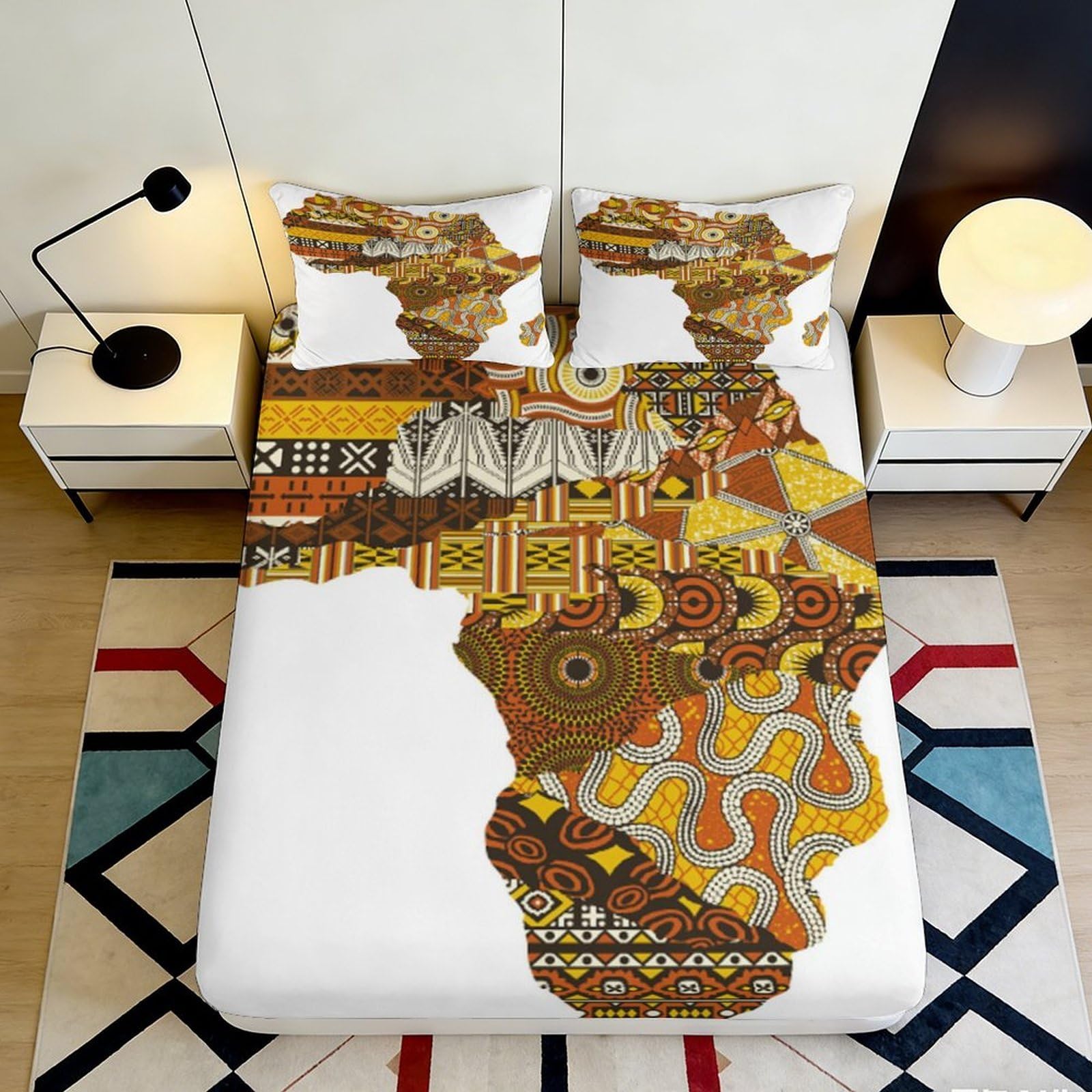 3D Printed African Tribal Art Fitted Sheet Microfiber Soft Brown Geometric Africa Map Mattress Cover for Bedroom Dorm Decor 160x200x25cm
