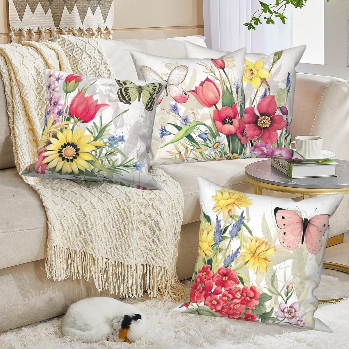 4 Pcs/Set Floral Pillow Covers Pink Yellow Flowers Green Leaves Butterflies Plants Geometric Vintage Throw Pillow Covers for Outdoor Home Couch Sofa Bedroom Farmhouse, 18"x18"