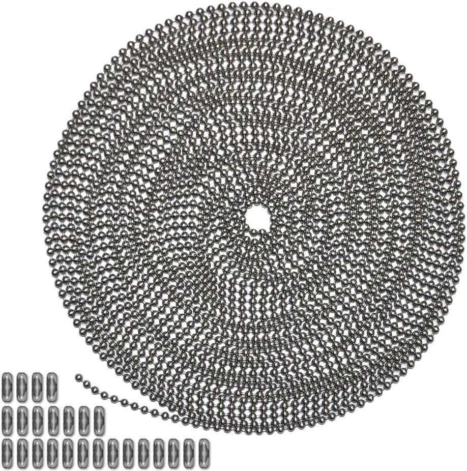 25 Foot Length Ball Chain, Number 6 Size, Stainless Steel, & 25 Matching Connectors