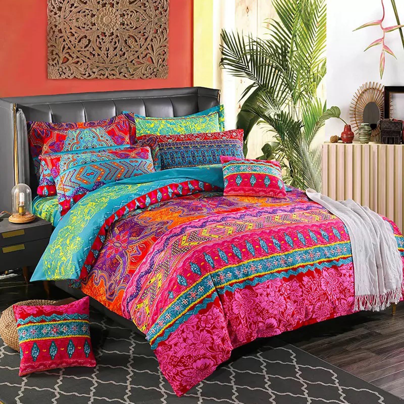 Double Bedding Set Bohemian Duvet Cover Sets Boho Bed Cover 100% Cotton 3pcs with 2 Pillowcases Zipper Luxury Reversible Hotel Quality Easy Care Soft Bedding Collections 200x200 cm Watermelon Red