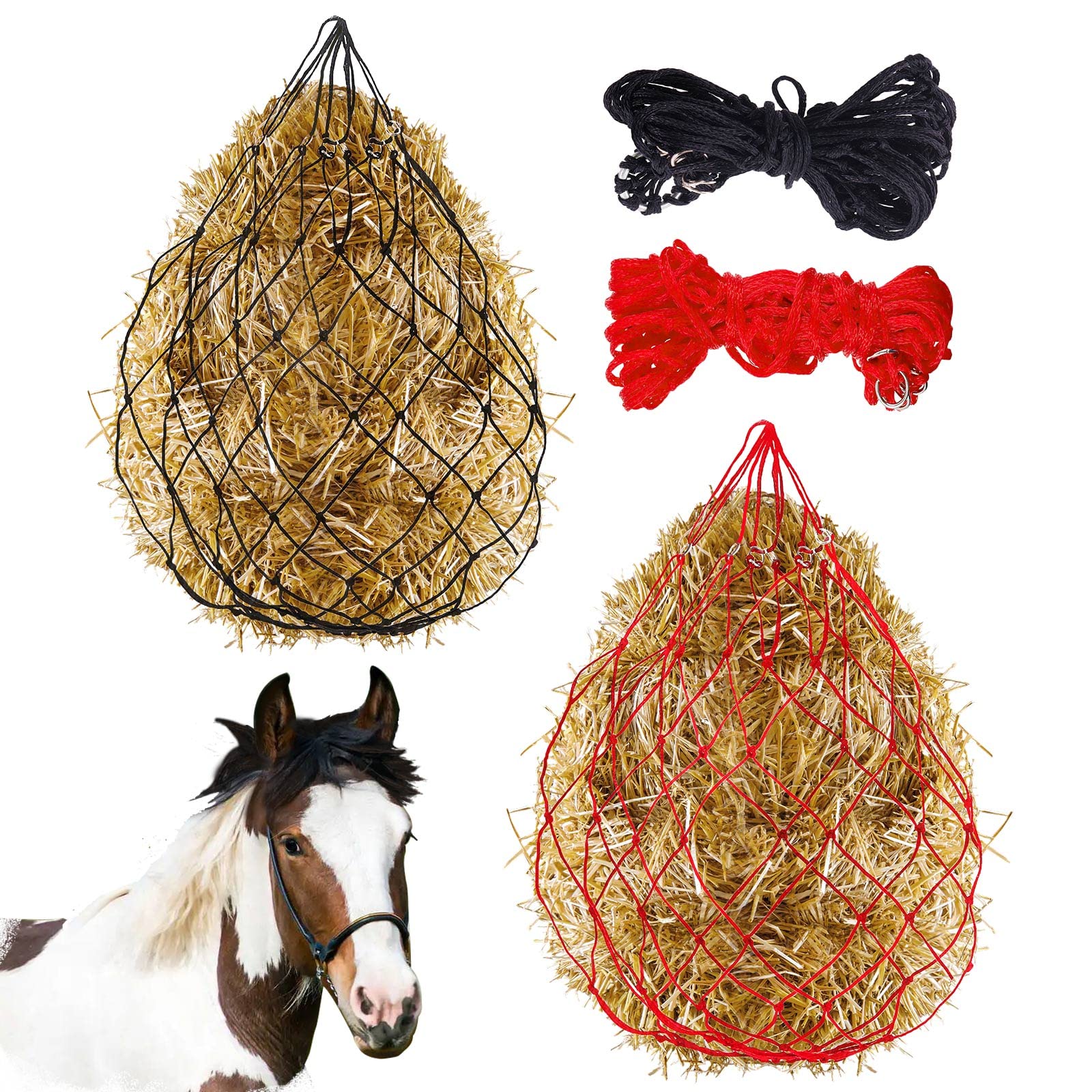 Swpeet 2Pcs 36 Inch Red and Black Slow Feed Hay Net Nylon Rope Hanging for Horses Adjustable Travel Feeder General Slow Hay Feeder Hay Nets with Ring On Top