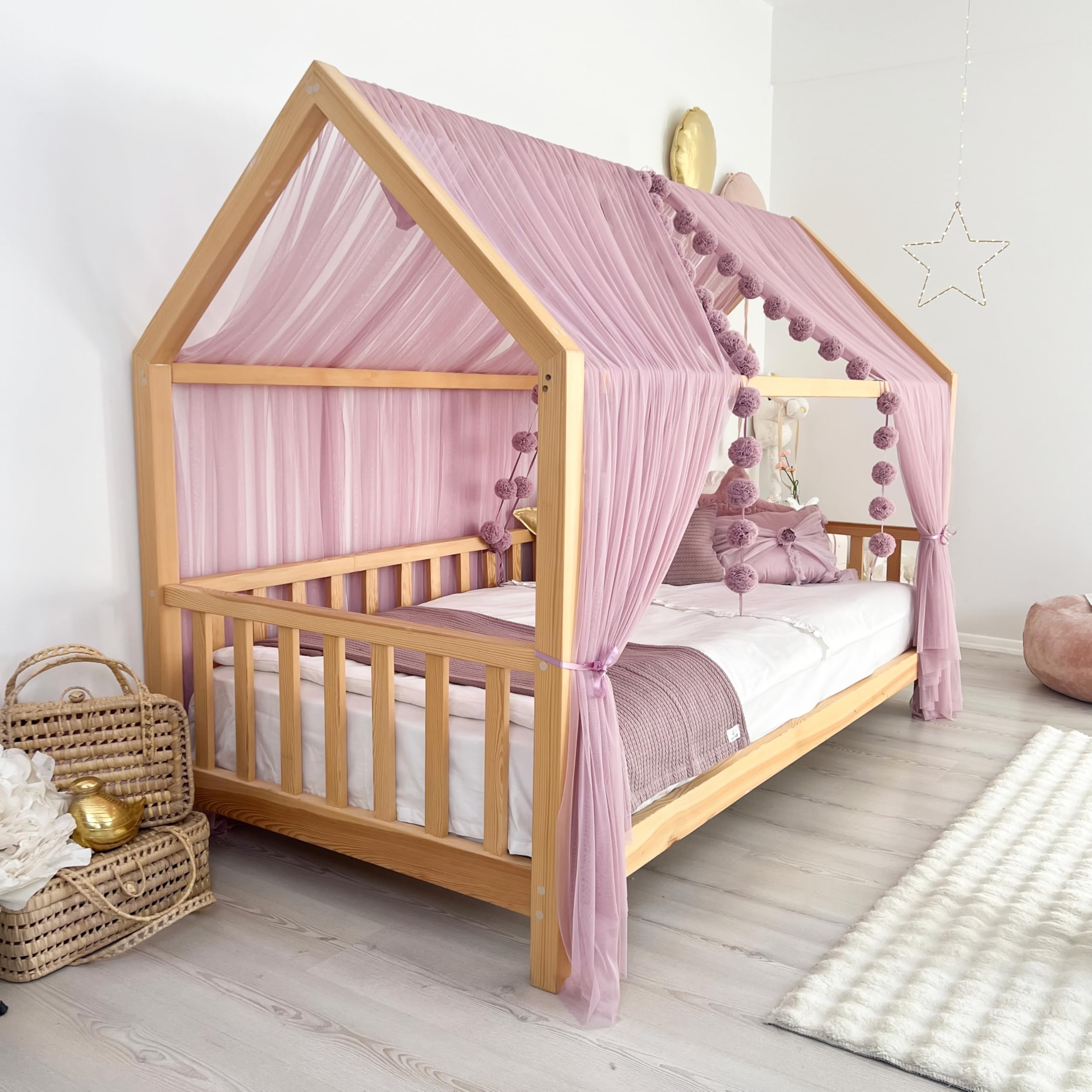 Montessori - Toldo de cama para habitación de niños y niñas, elegante decoración de tul para habitación de niños, cortina de cama para niños pequeños con drapeado suave (lila polvoriento, 380