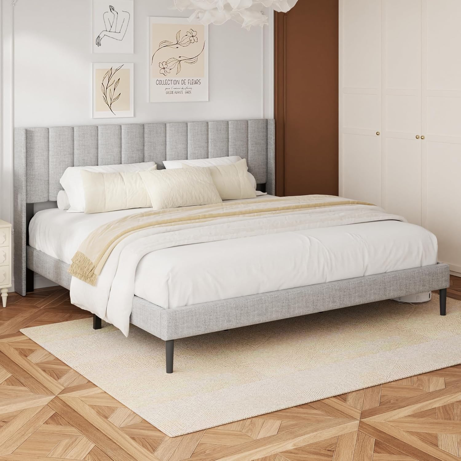 King Size Velvet Bed Frame and Vertical Chanel Tufted Headboard, Upholstered Platform Bed wtih Wingback, No Box Spring Needed, Strong Wooden Slats, Light Grey - Image 9