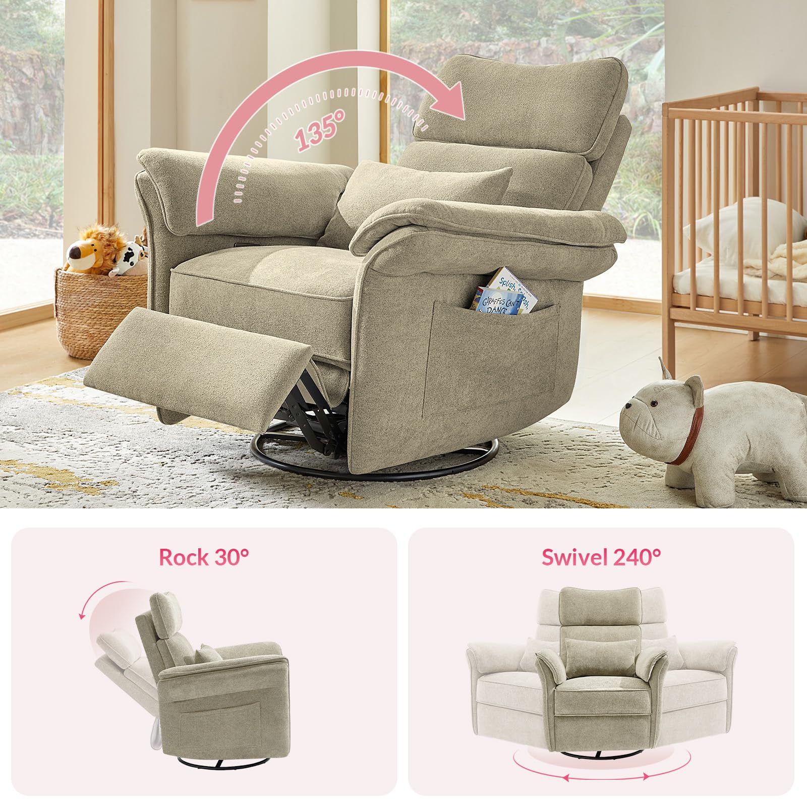 Nursery Rocking Glider Chair with Adjustable Armrests &Headrest, Power Nursery Recliner, Nursing Chair for Breastfeeding, Electric Swivel Rocker Recliner with USB Port&Storage, FSC Certified-Oatmeal