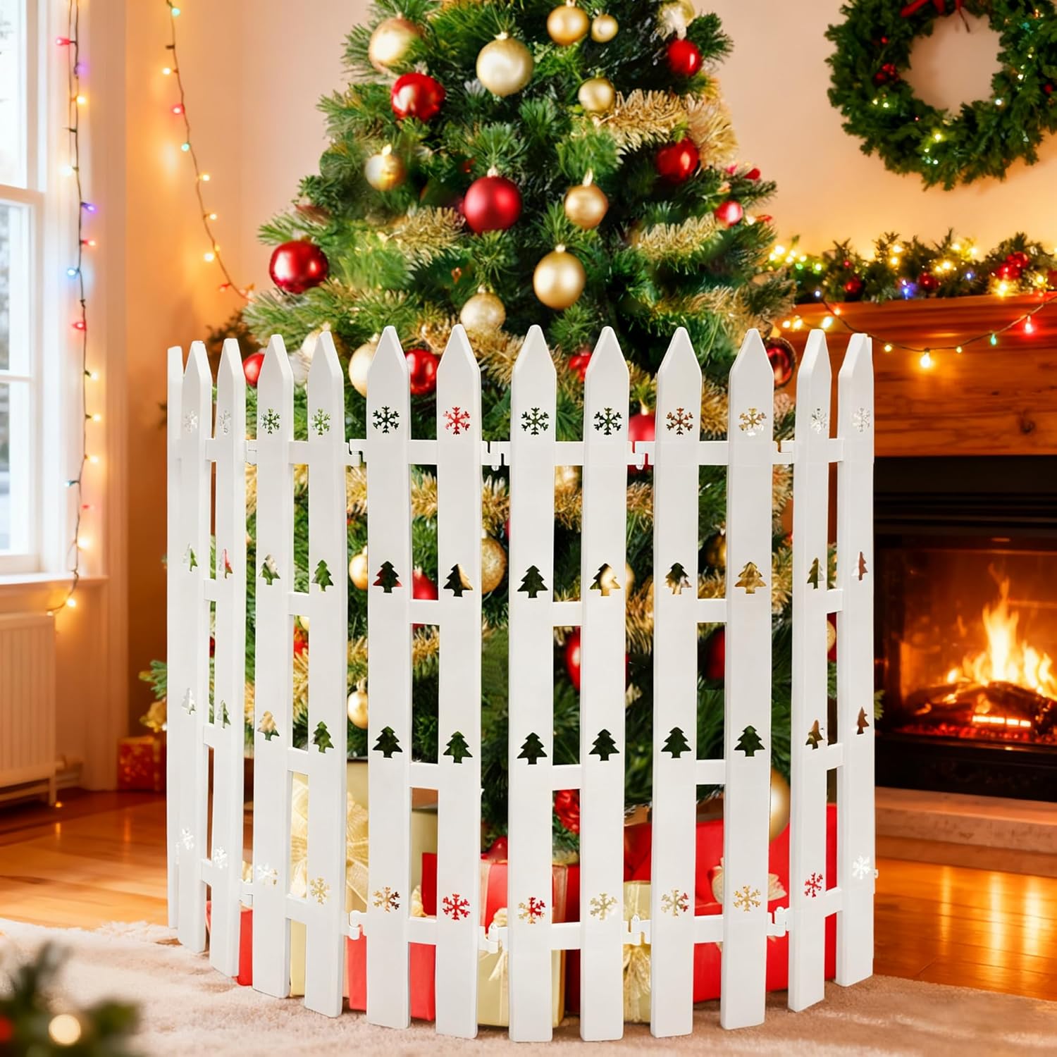 Extra Height 24” Christmas Tree Fence, 12pcs Christmas Tree Gate, White Christmas Fence Decorations for Cat, Small Dog, Suit for Christmas, Birthday, Wedding Decoration